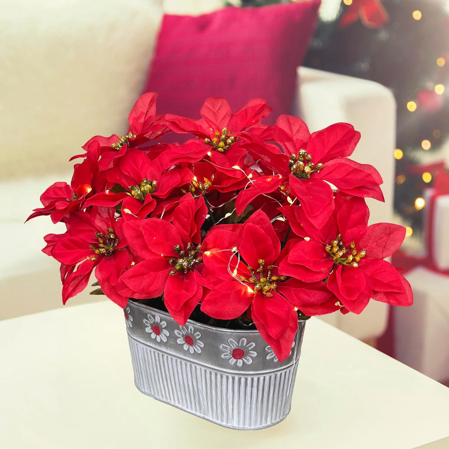 Christmas Poinsettia Table Centerpiece – Rustic Metal Pot with LED Lights, Festi