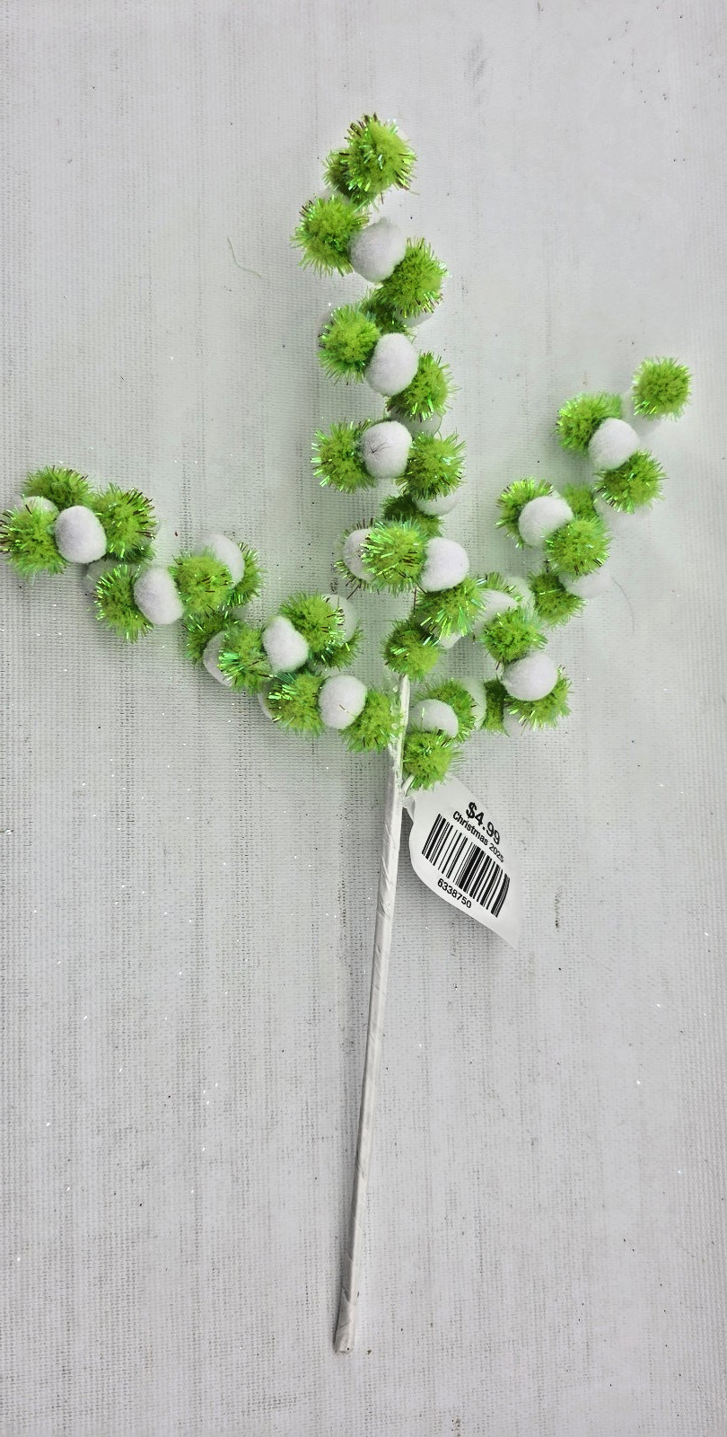 Pom Pom Spiral Picks Alternating Green and White Lot of 5 Stems 12″ Curled