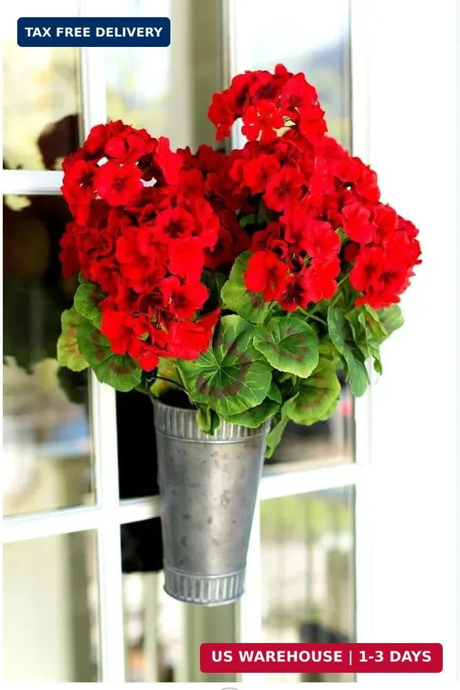 Artificial Geranium Silk Flower Bush Red 19 Inches Faux Geranium Flowers Plan…