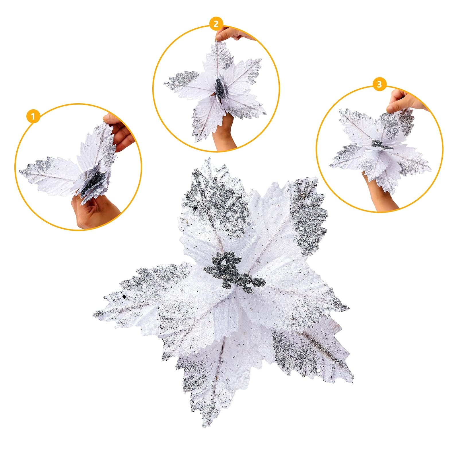 10 Pcs 8.3 inch Large White Silver Christmas Poinsettia Picks PR3000