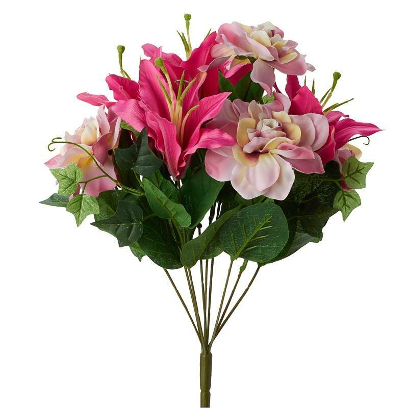 14-1/2″ Artificial Pink and Mauve Poly Silk Gardenia and Lily Mixed Floral Bush
