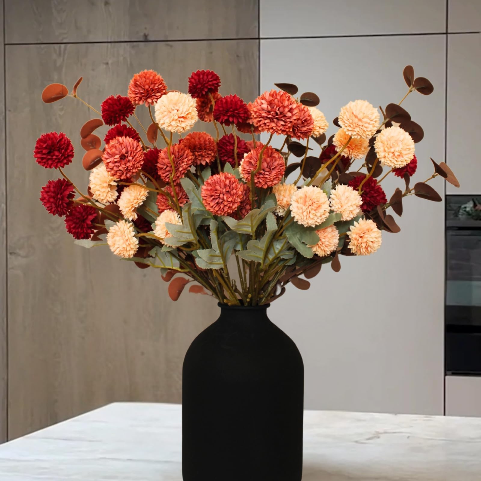 Autumn Floral Arrangement – 10 Stems Burnt Orange Faux Flowers & Eucalyptus Deco