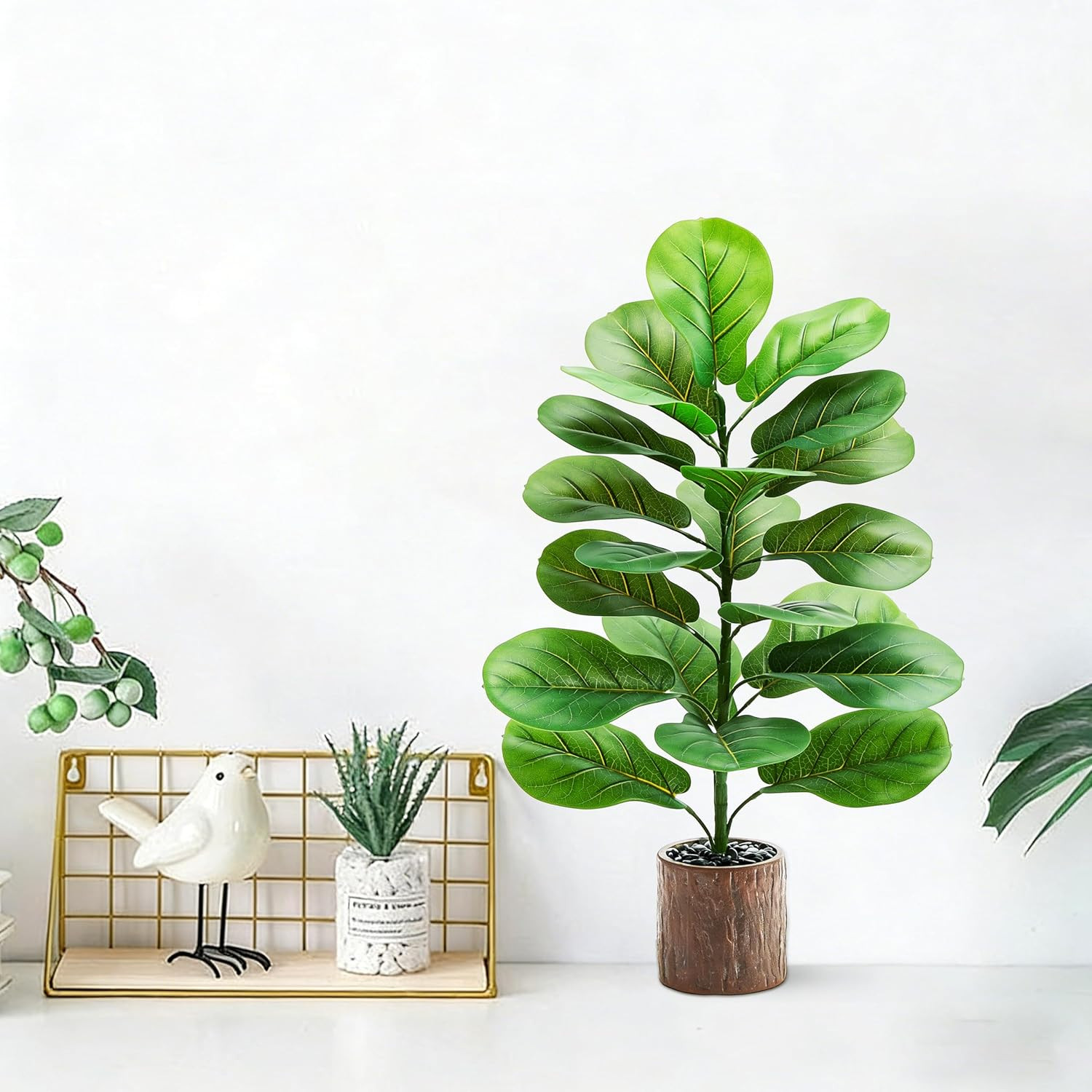 2 Pack 30″ Faux Fiddle Leaf Fig Trees with Wood-Grain Pots for Home Decor