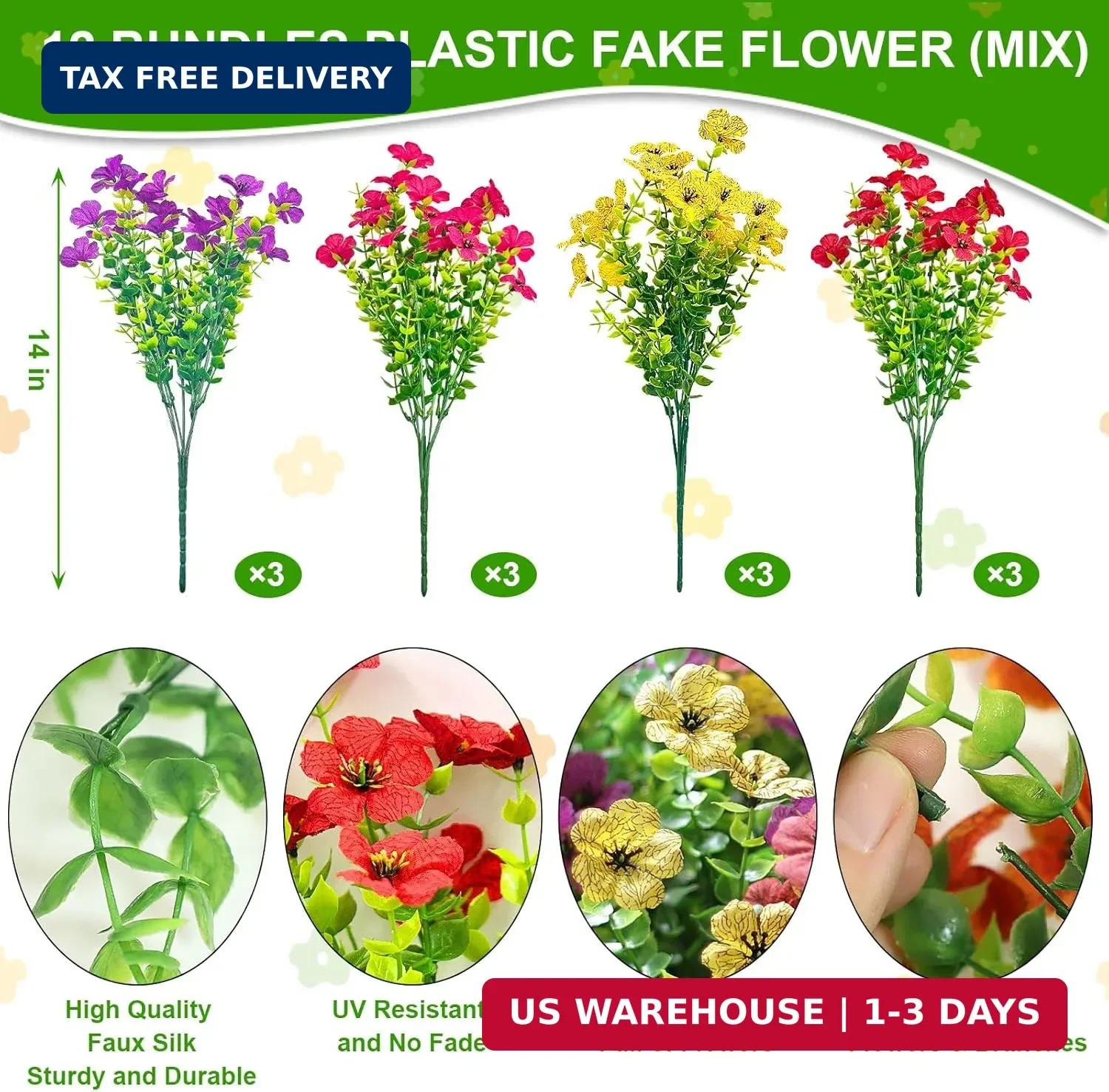 12 Bundles Artificial Flowers for Outdoor Indoor UV Resistant Fake Plants Silk F
