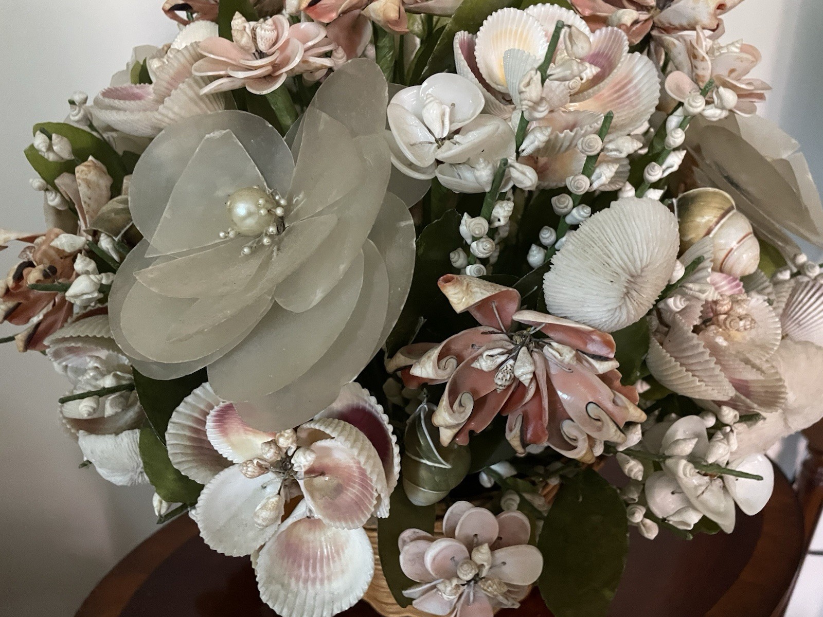 17″ Vintage Floral Centerpiece Seashells Flower Bouquet Arrangement capiz coral