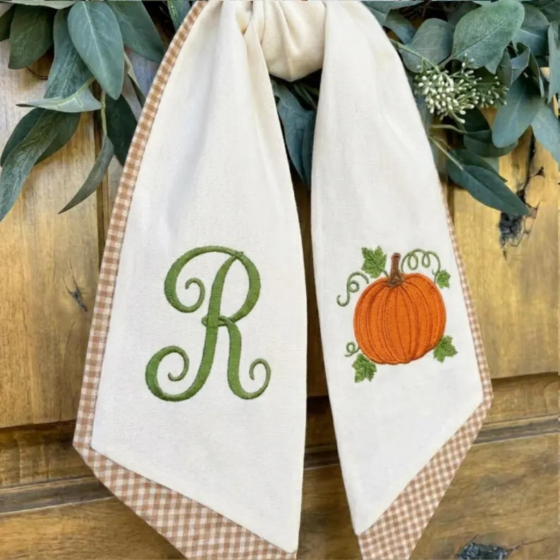 Personalized Embroidered Monogrammed Thanksgiving Fall Wreath Sash Bow Decor