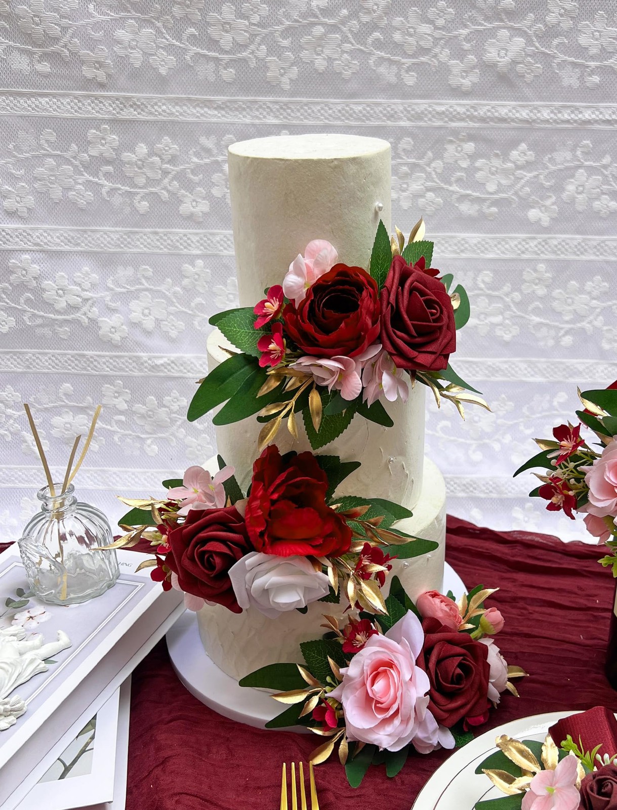 3 PCS Burgundy Red Wedding Cake Topper Set Artificial Flowers Anniversary