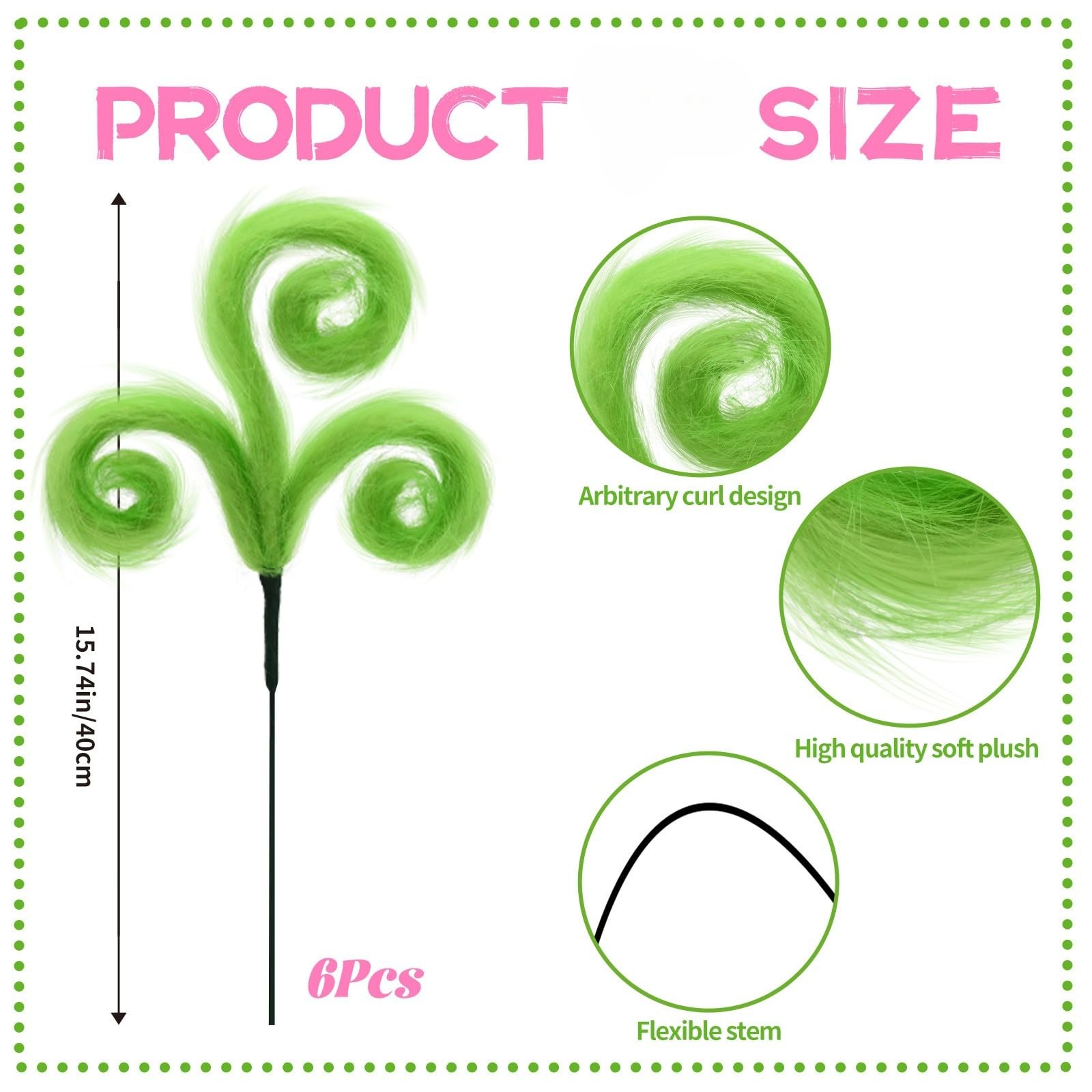 6 PCS Pink Green Furry Christmas Tree Picks Spiral Curly Elf Branches Decor