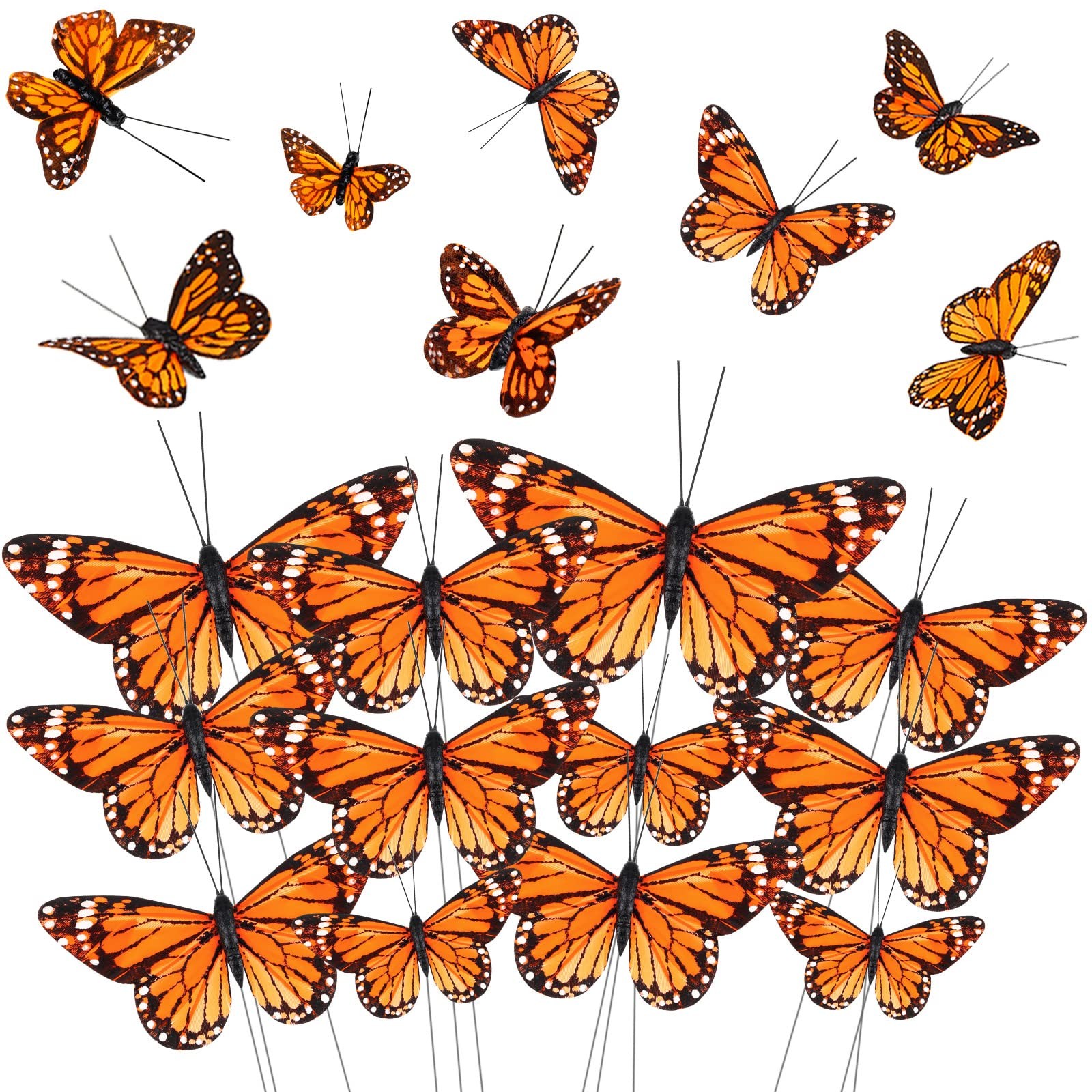 24 Pcs Monarch Butterfly Decorations 4 Size Artificial Monarch Feather Fake B…