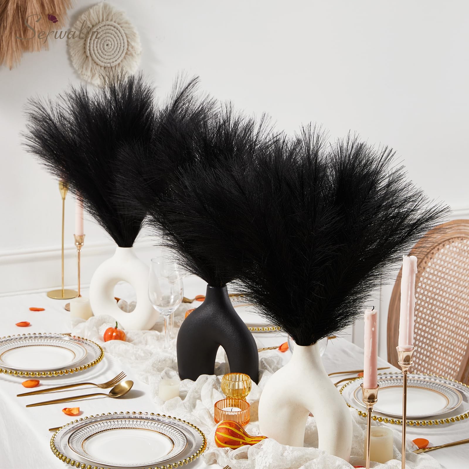 60 PCS Black Pampas Grass Decor 17.7 Inch Faux Fluffy Artificial Gothic