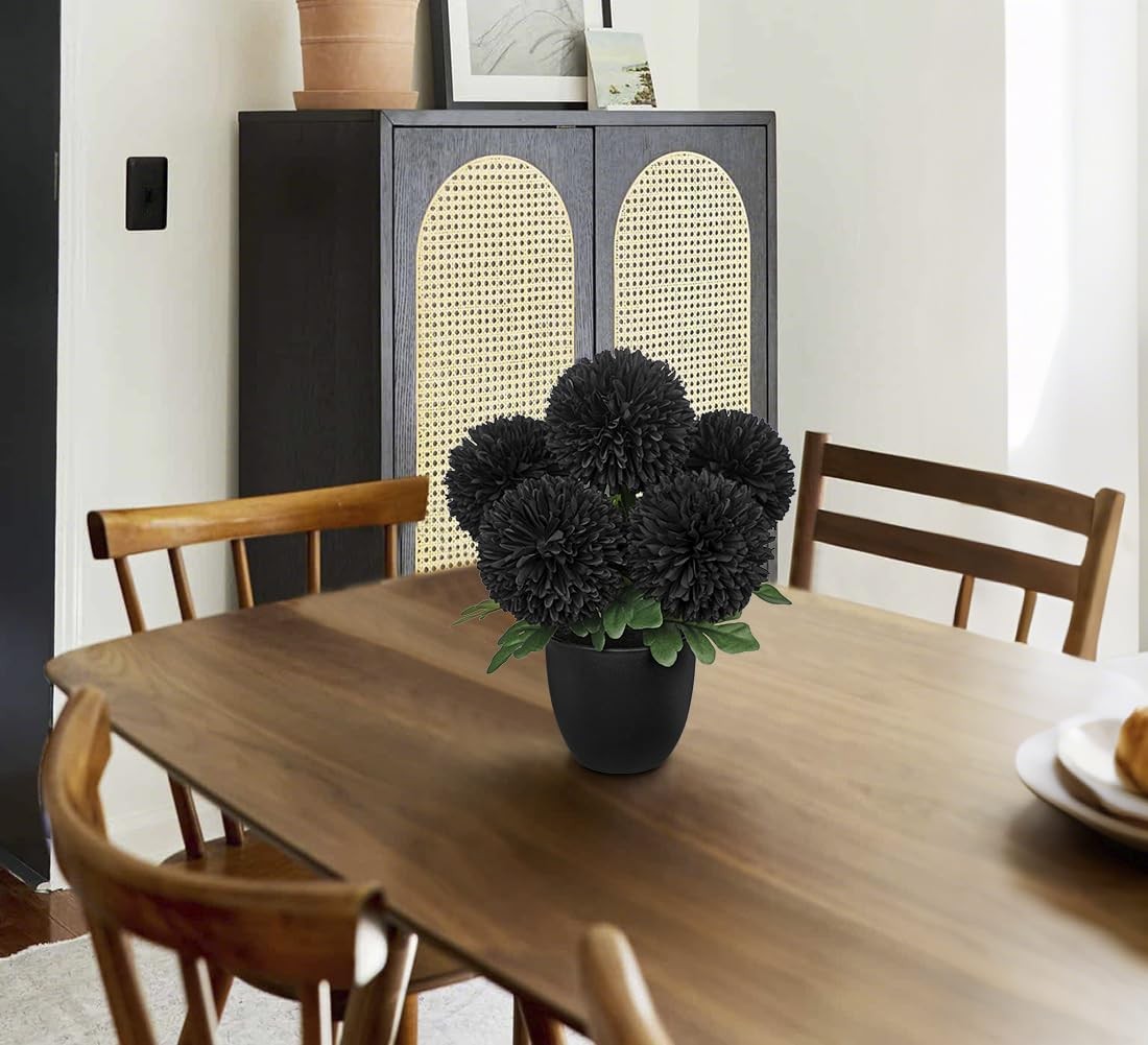 Briful Black Artificial Mums – Realistic Silk Fall Chrysanthemums in Black Po…