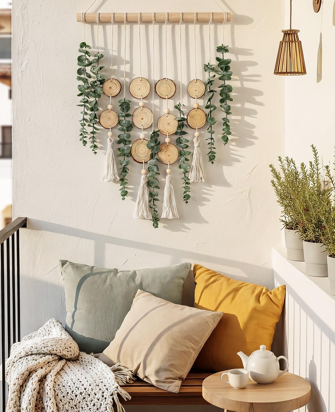 Artificial Eucalyptus Wall Hanging, Fake Greenery Leaves Stems with Wood Slic…