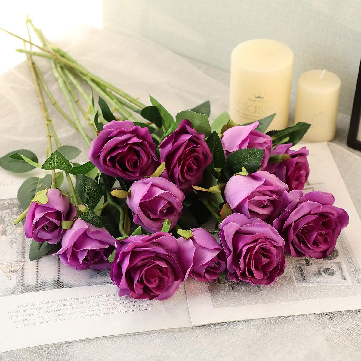 12PCS Artificial Silk Flowers Realistic Roses Bouquet Long Stem for Home Wedding