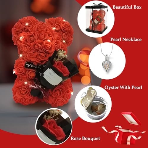 Artificial Flower Rose Teddy Bear with Preserved Bouquet & Pearl Necklace – Perf