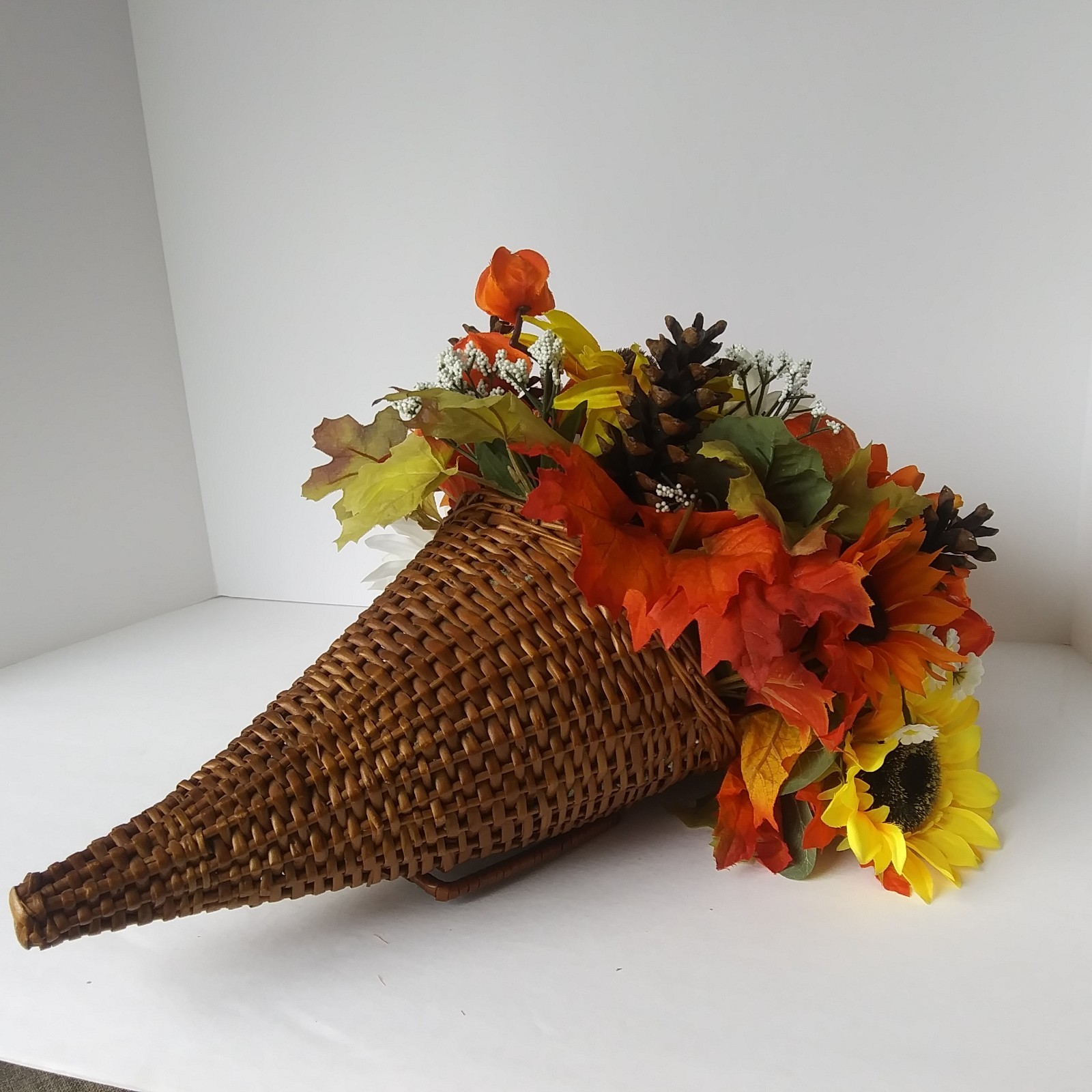 Fall Cornucopia Centerpiece Sunflowers Pinecones Maple Leaves Harvest Decor