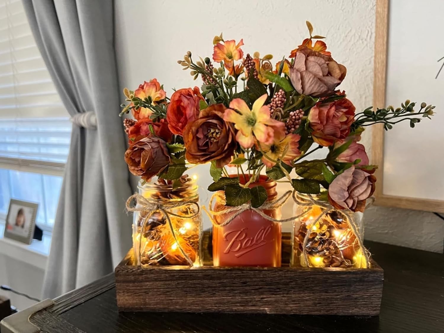 Versatile 3-Pc Mason Jar Set with Wood Tray & LED for Dining & Living Spaces