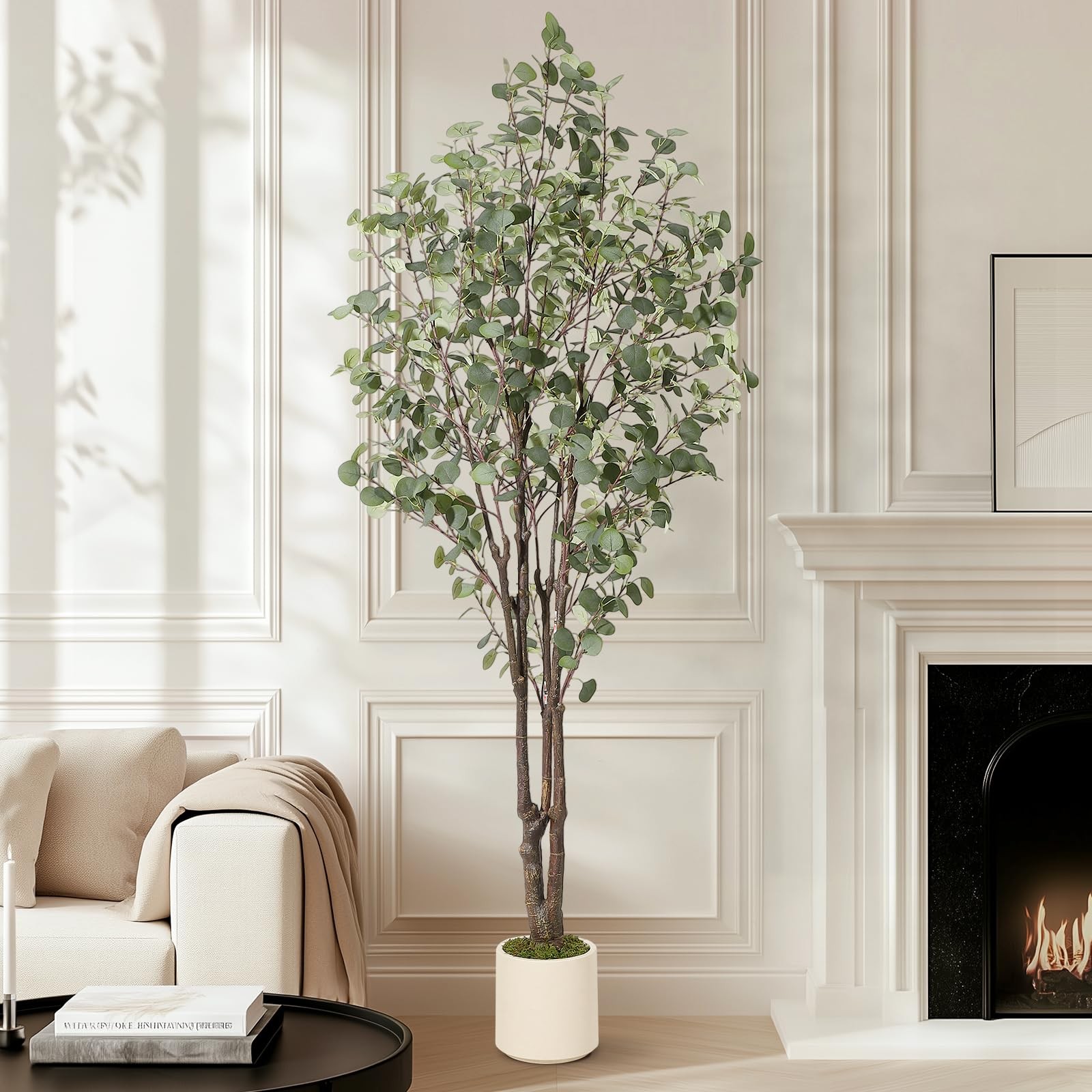 Artificial Eucalyptus Tree, 7 ft Tall Fake Artificial Plant with White Plante…