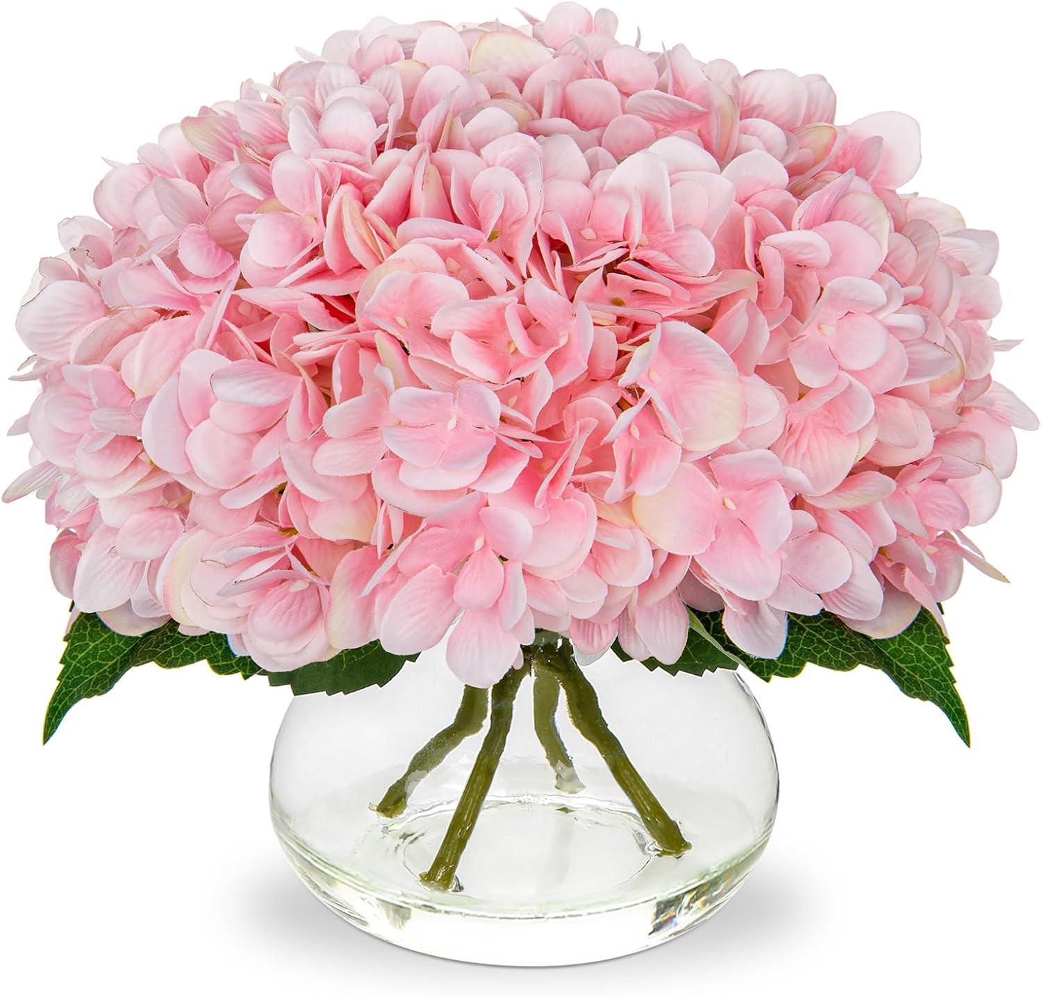 Hydrangea Artificial Flowers with Glass Vase Pink Silk Faux Flowers Arrangements
