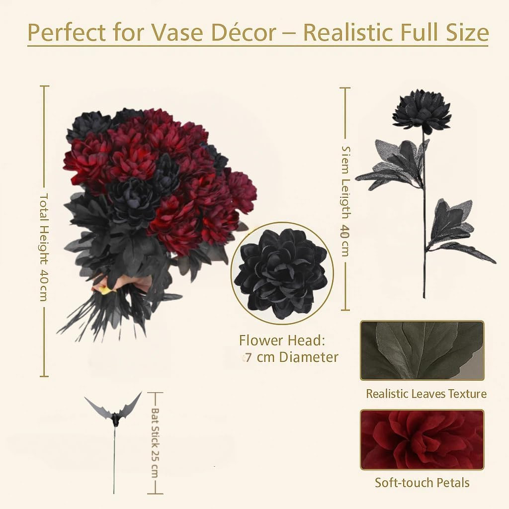 Black Burgundy Artificial Flowers Dahlia Bouquet – Lifelike Faux Gothic Floral A
