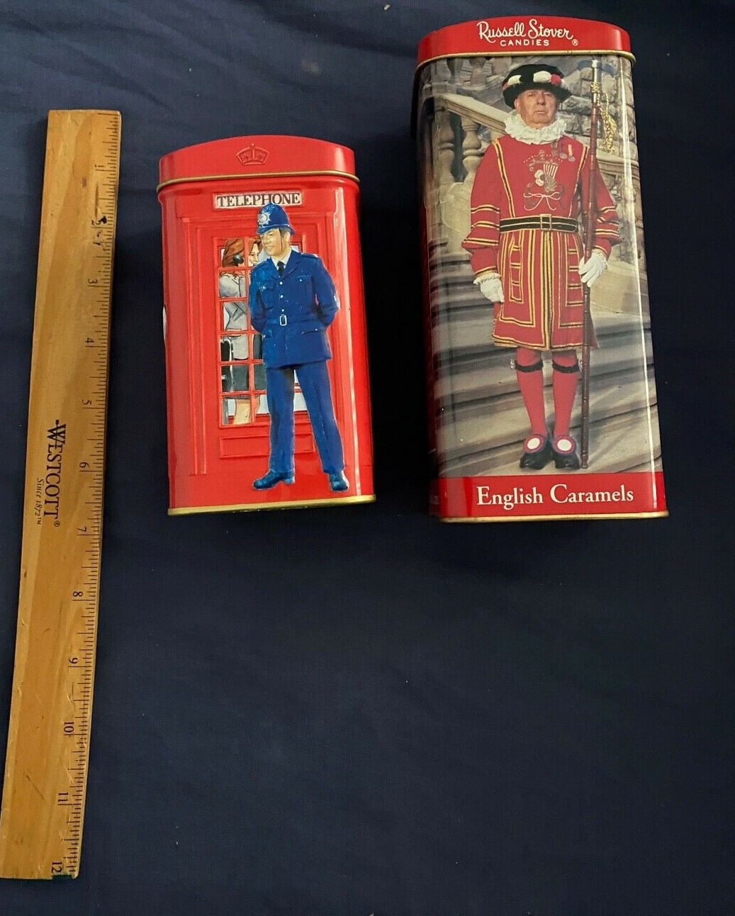 English Breakfast Tea & Russel Stover Red Phone Booth Banks (2) Tin Cans-No Food