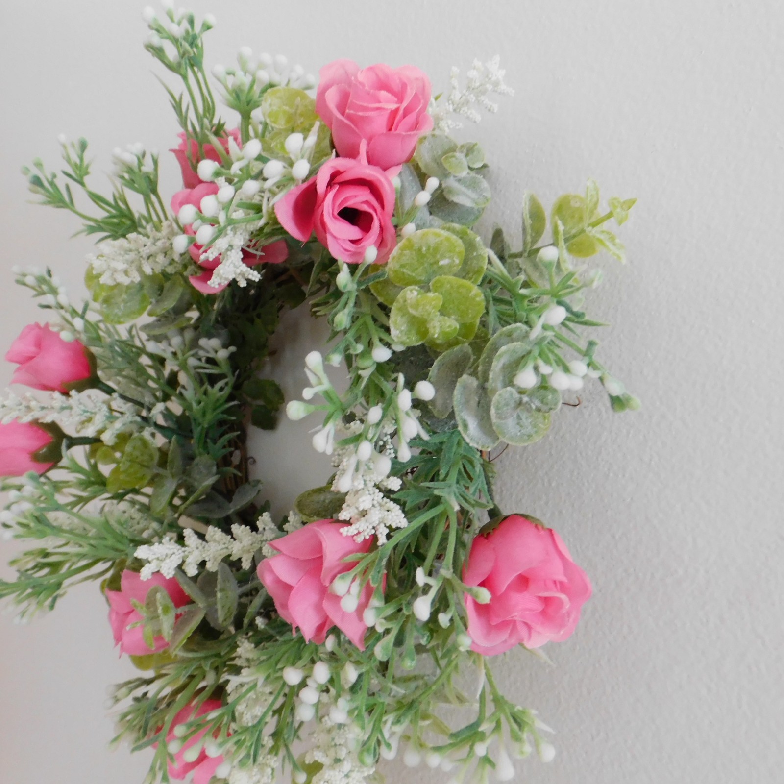 Dusty Miller Mini Wreath Eucalyptus Pink Roses Candle Ring