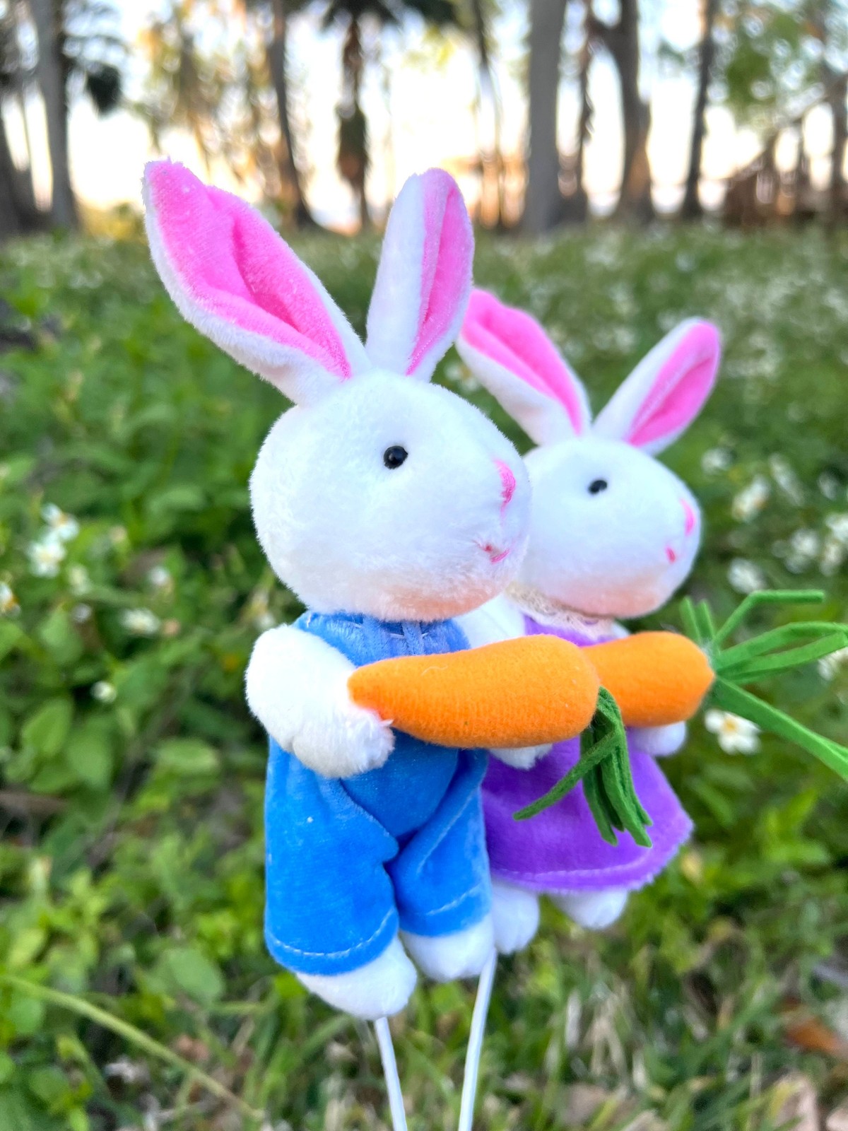 Velvet Bunny Rabbit W/ Carrot Plush Picks Easter Decor Holiday Supplies Set of 2