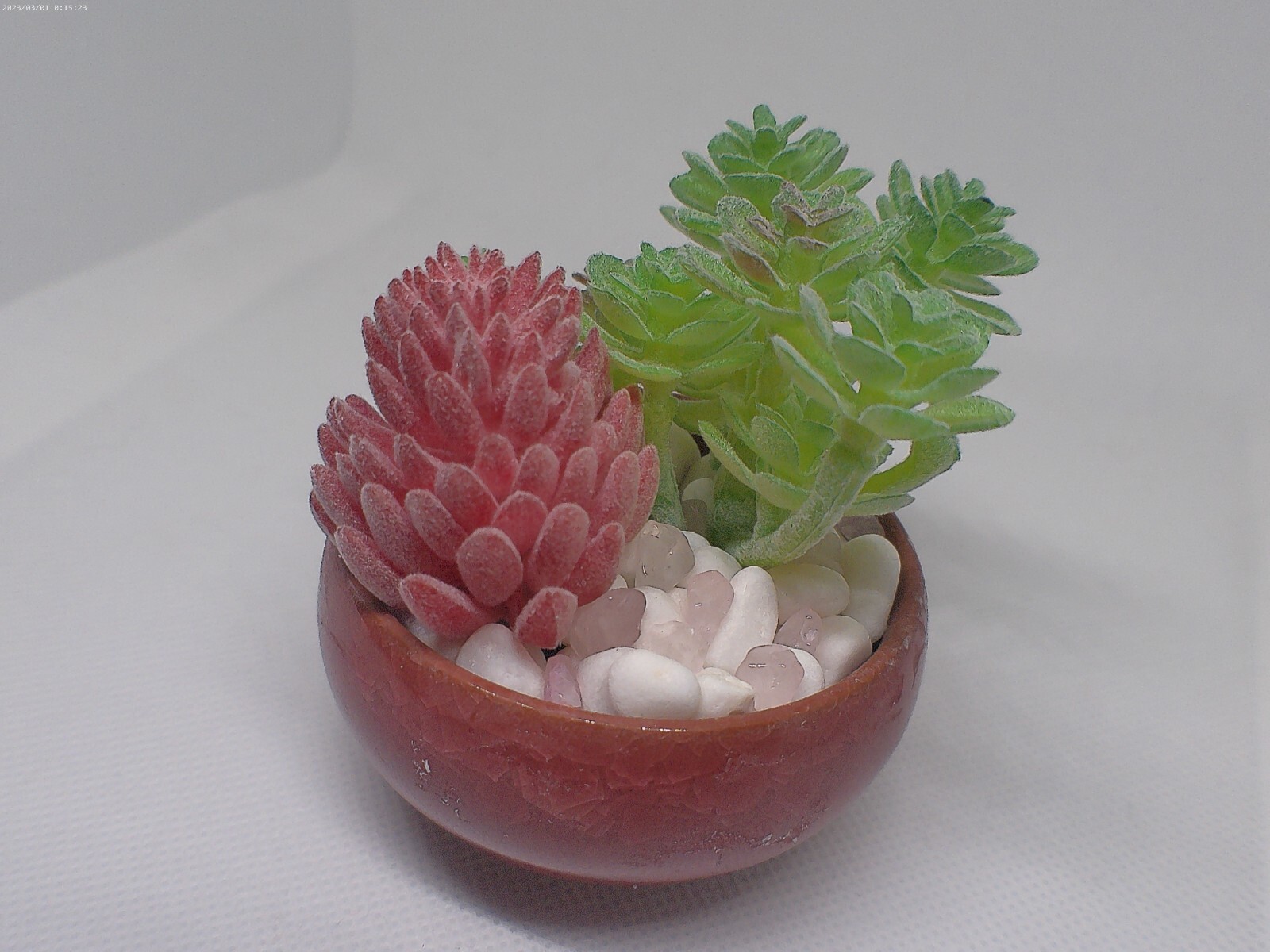 Small Handmade Maroon Planter with Faux Succulents & Rose Quartz Stones