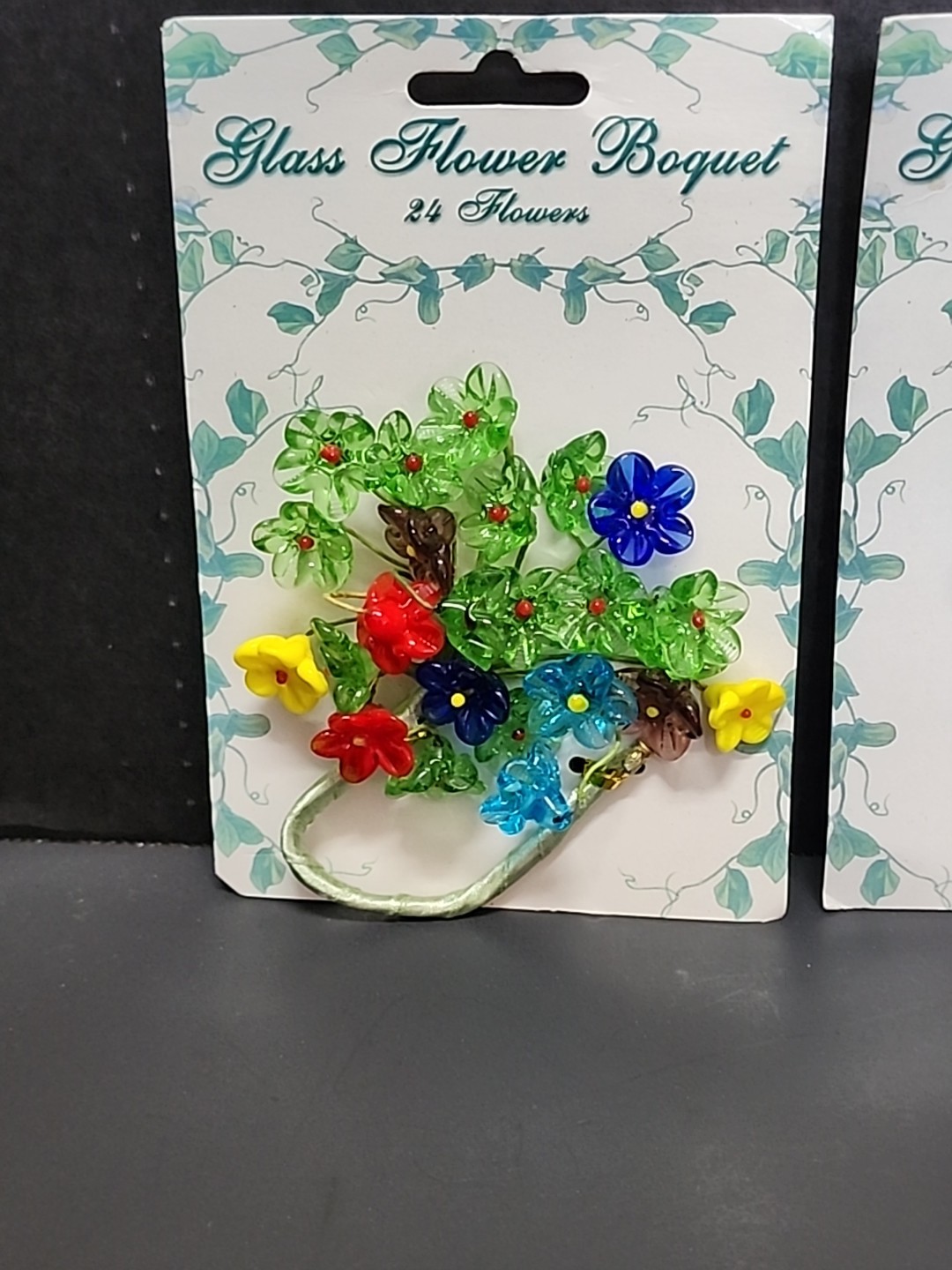 24 Mini Glass Flowers Wire Stem Bouquet Red Blue Yellow Green Purple NOS Lot 3