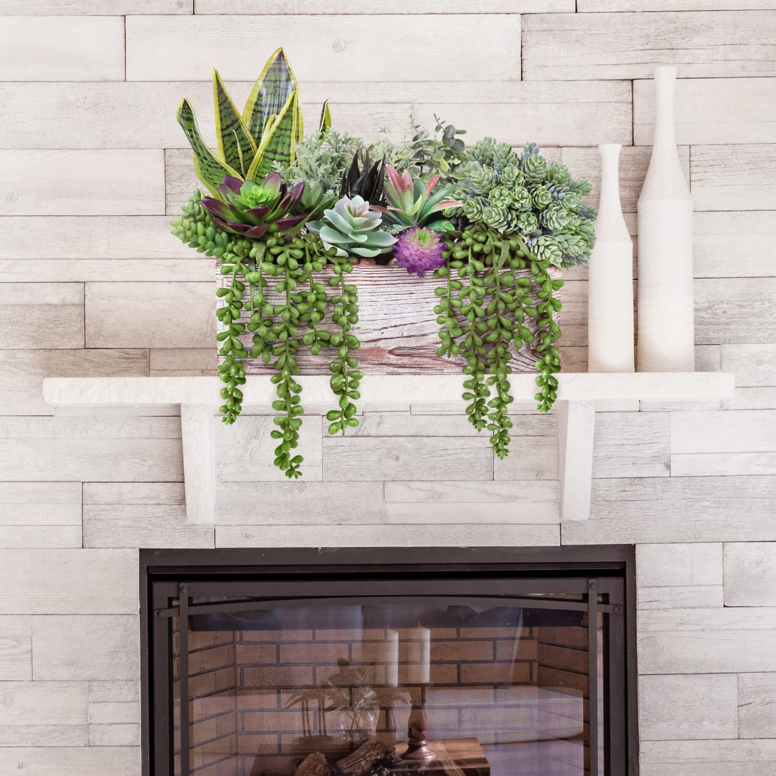 14 PCS Assorted Artificial Succulents Fake Plants Rectangular Wooden Pots
