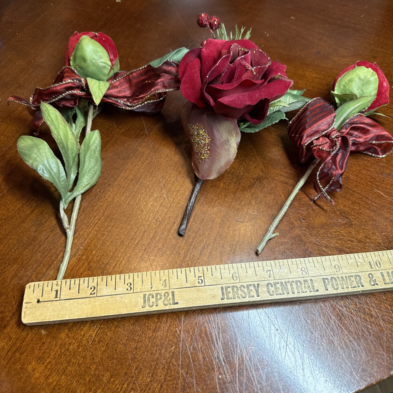 3 Pcs Faux Velvet Rose Flowers W/ Bows Christmas Pier One VTG Home Decorating