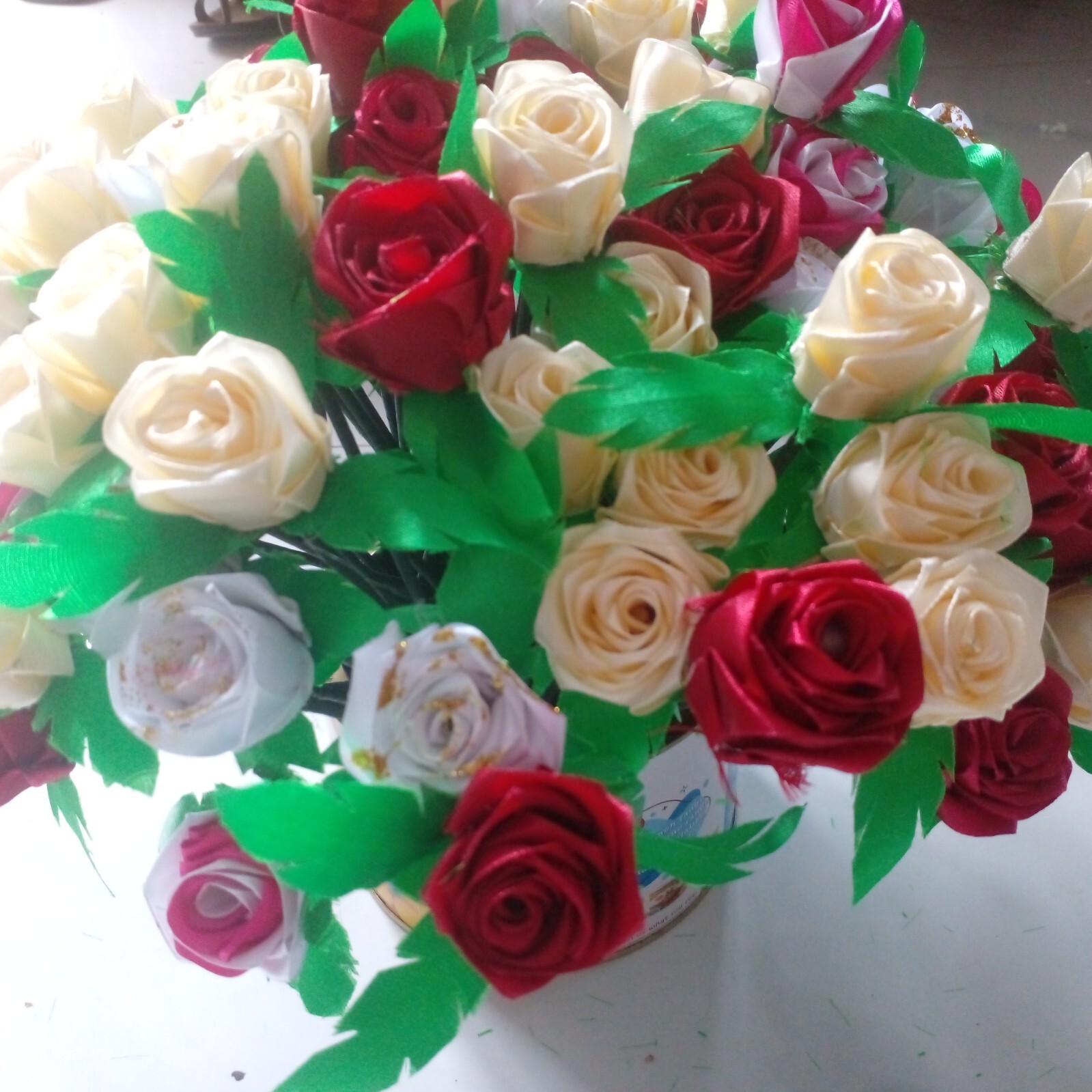 RIBBON ROSE FLOWERS Satin Lot Multicolour DIY Craft Handmade Artificial 5pcs Sti