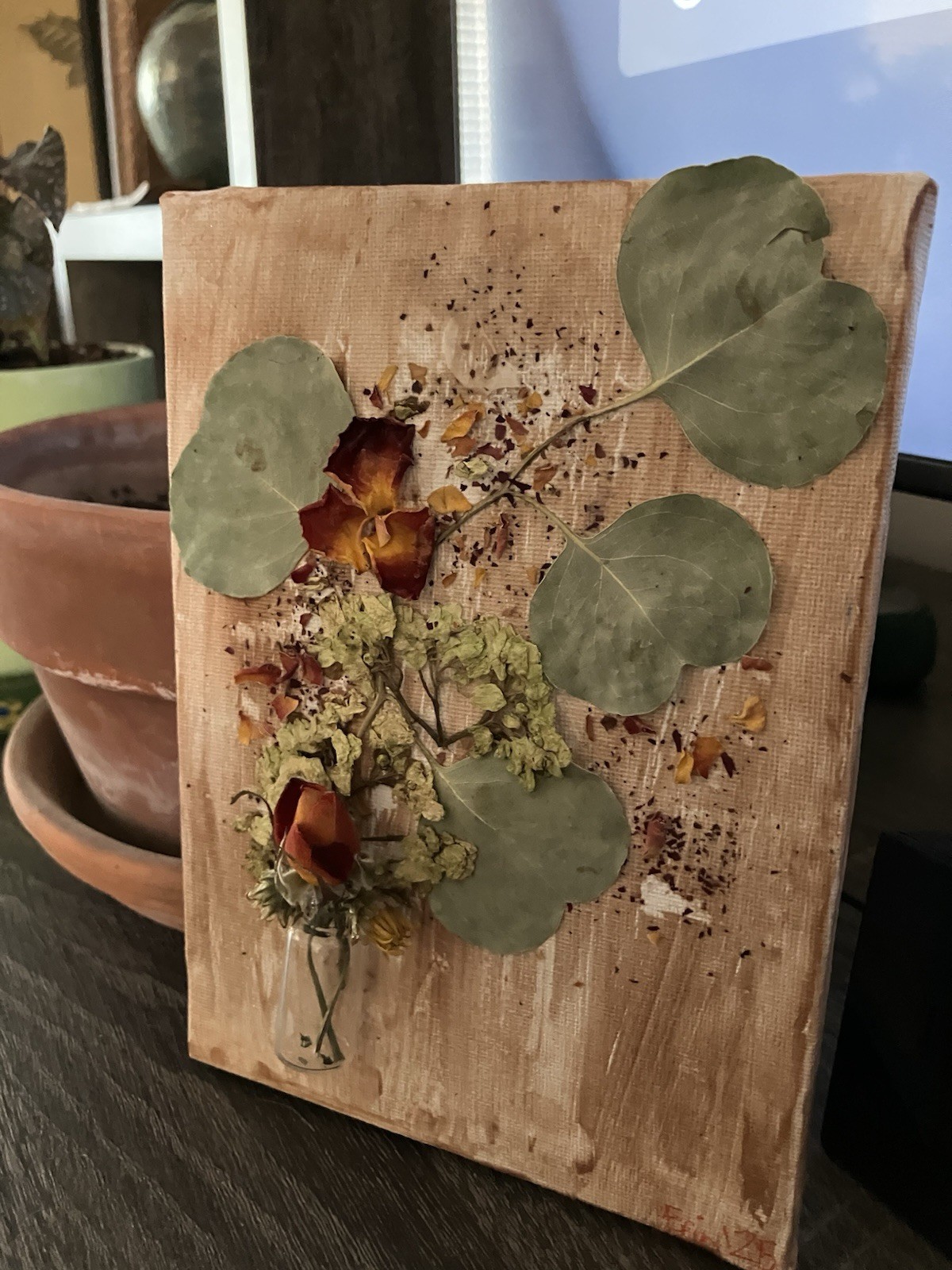 Mixed media Dried Floral canvas art w/ Greenery Glass Vial, dried roses 4×6 in