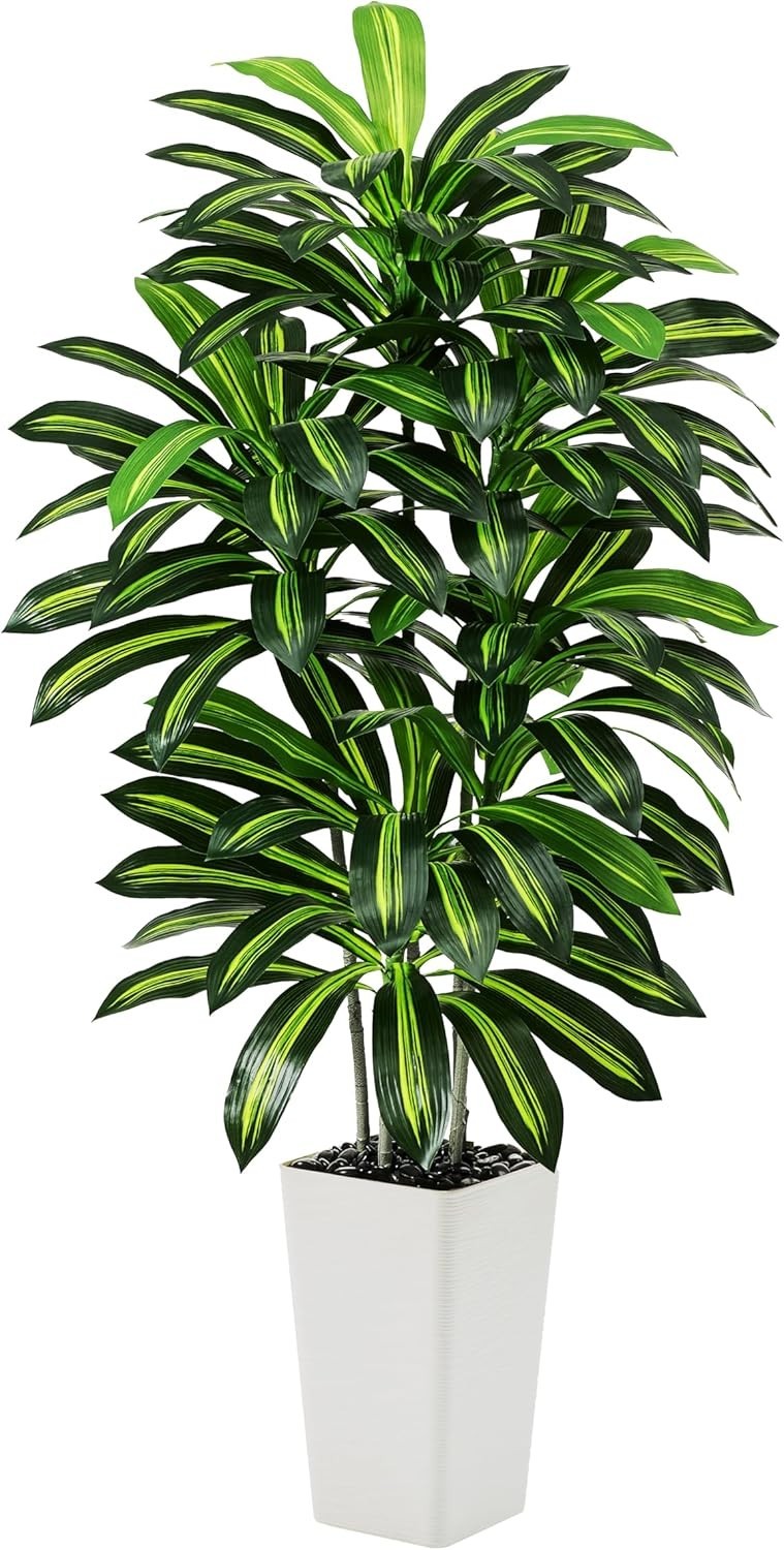Artificial Dracaena Tree – 5FT Tall Fake Plants with White Tall Planter – Art…