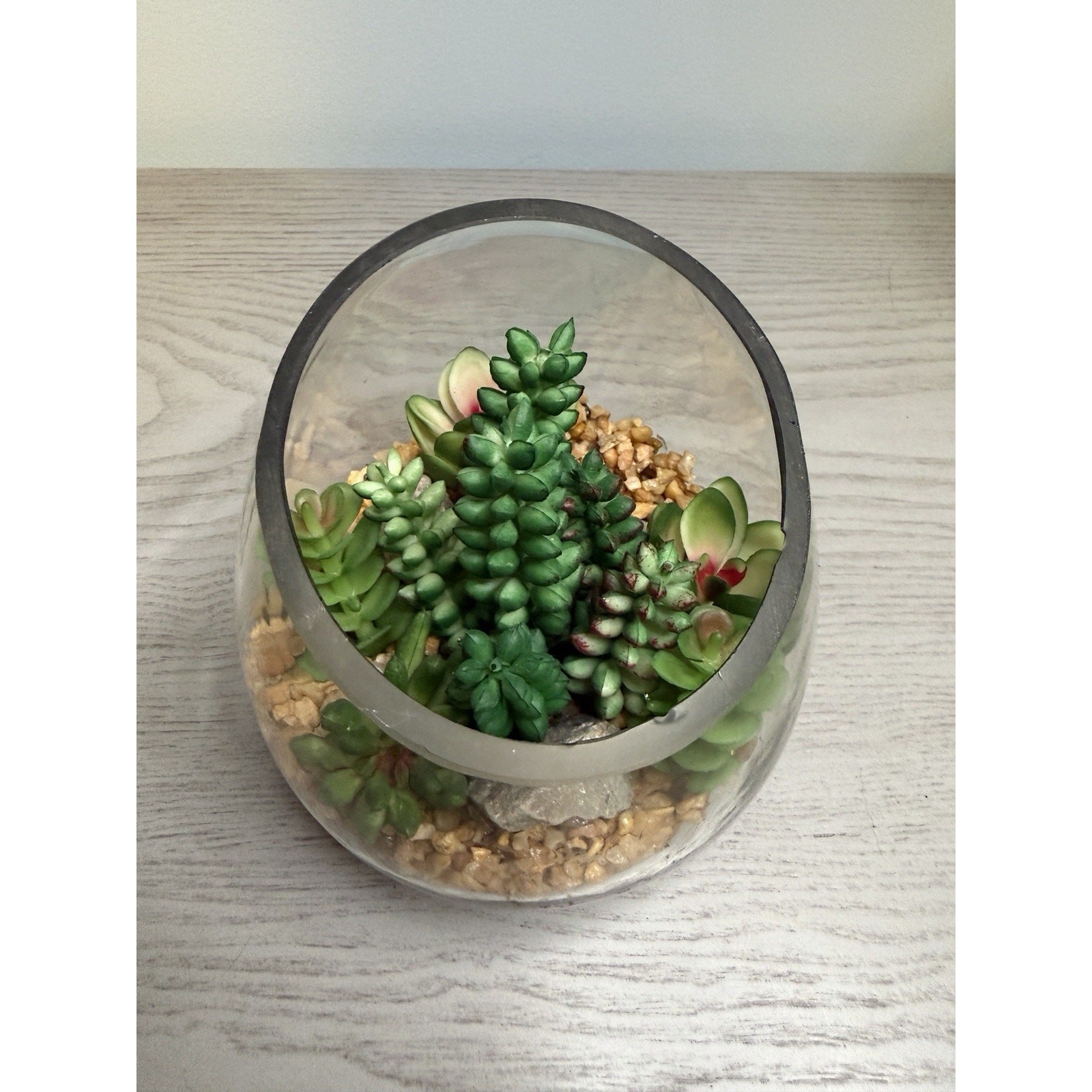 Faux Succulent Terrarium Bowl • Glass Cactus Arrangement • Tabletop Home Decor