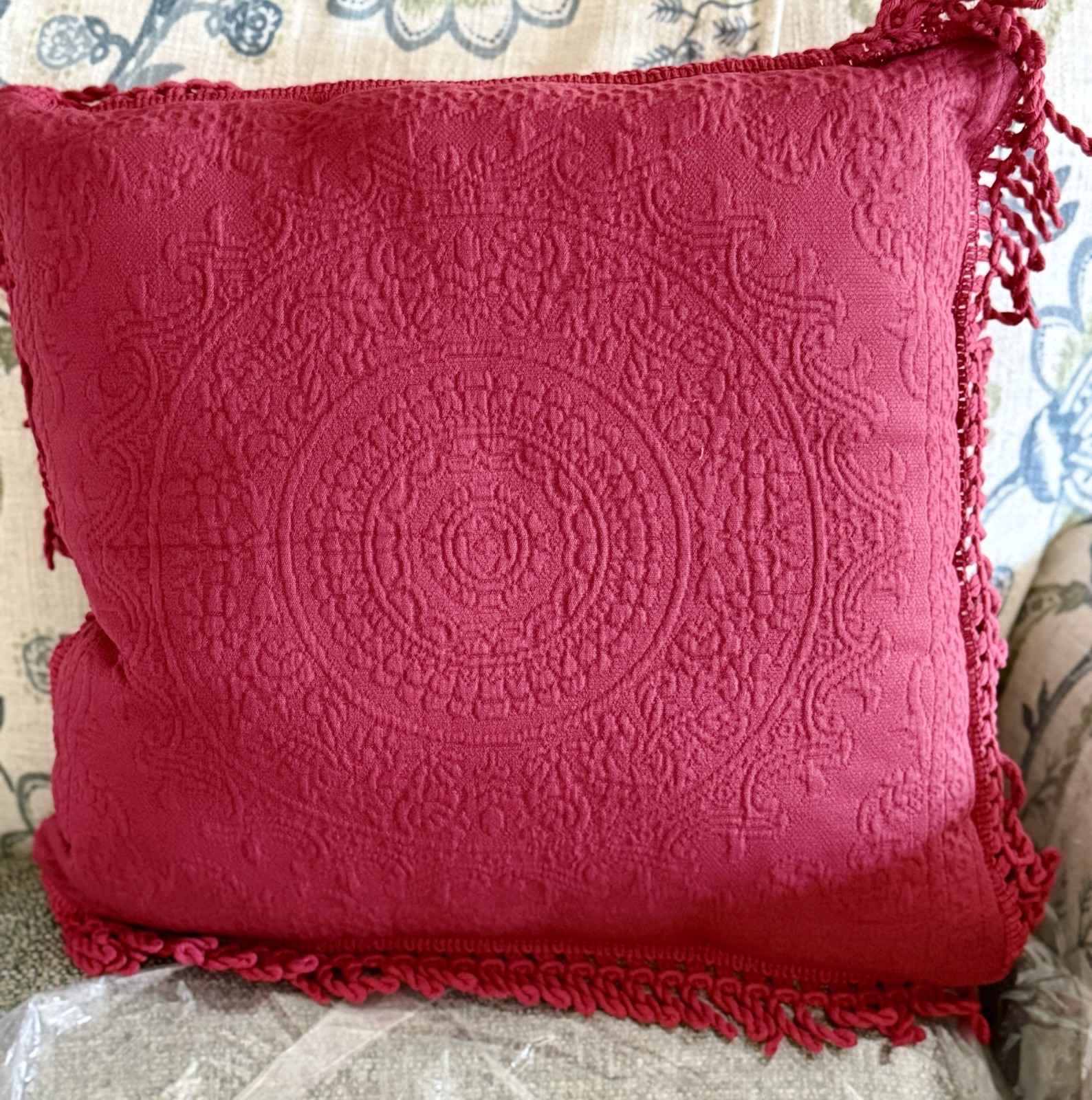 3 Country Curtains Pillows & Bolster, Fabric Floral Antique & Maroon, NEW