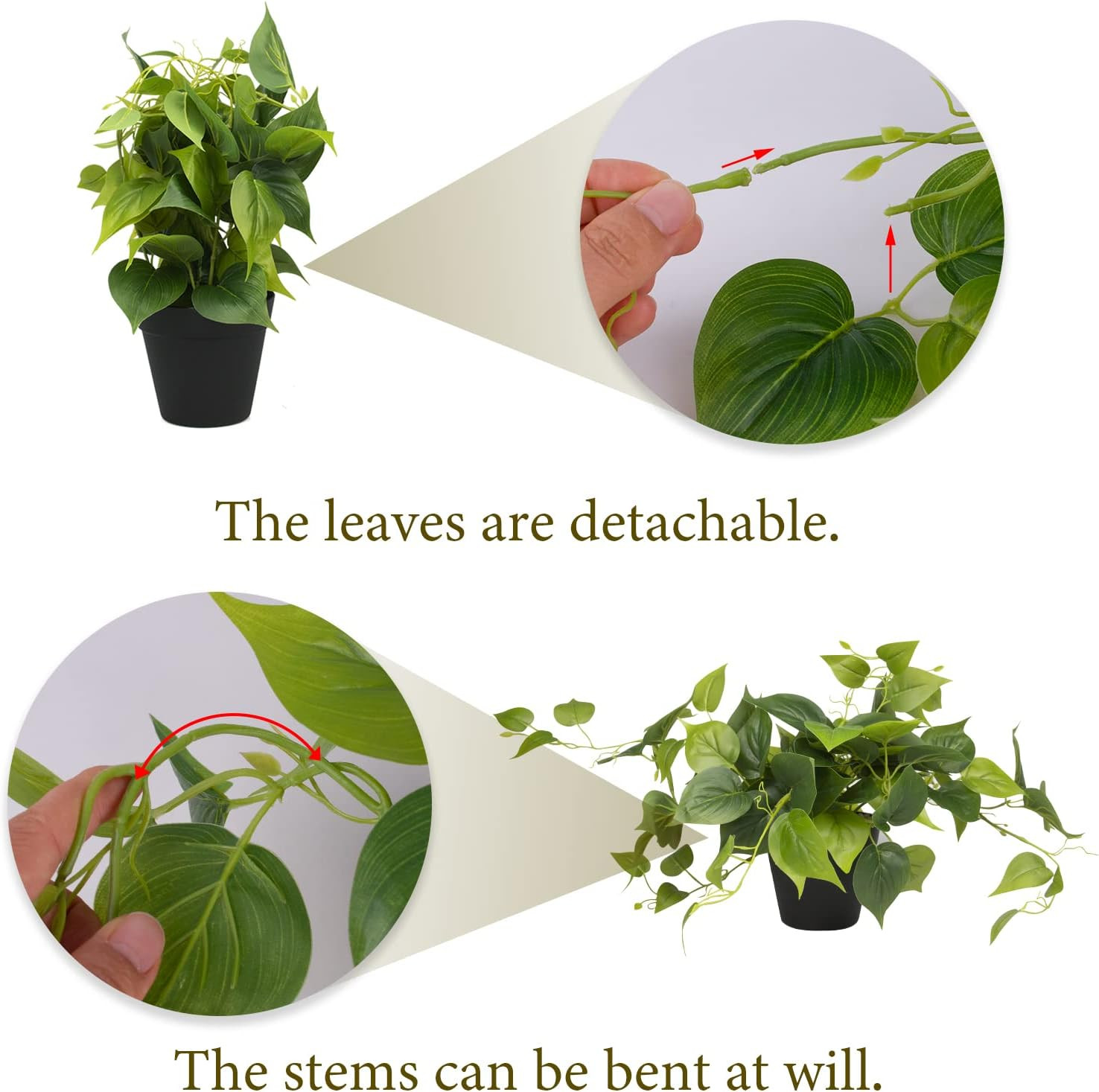 Artificial Scindapsus Aureus Fake Pothos Plants in Black Pots – Realistic Faux I