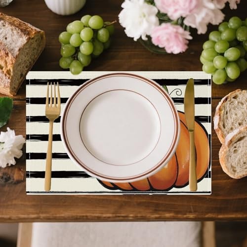 Happy Fall Hello Pumpkin Placemats Set of 6,Black Stripe Autumn Fall Black