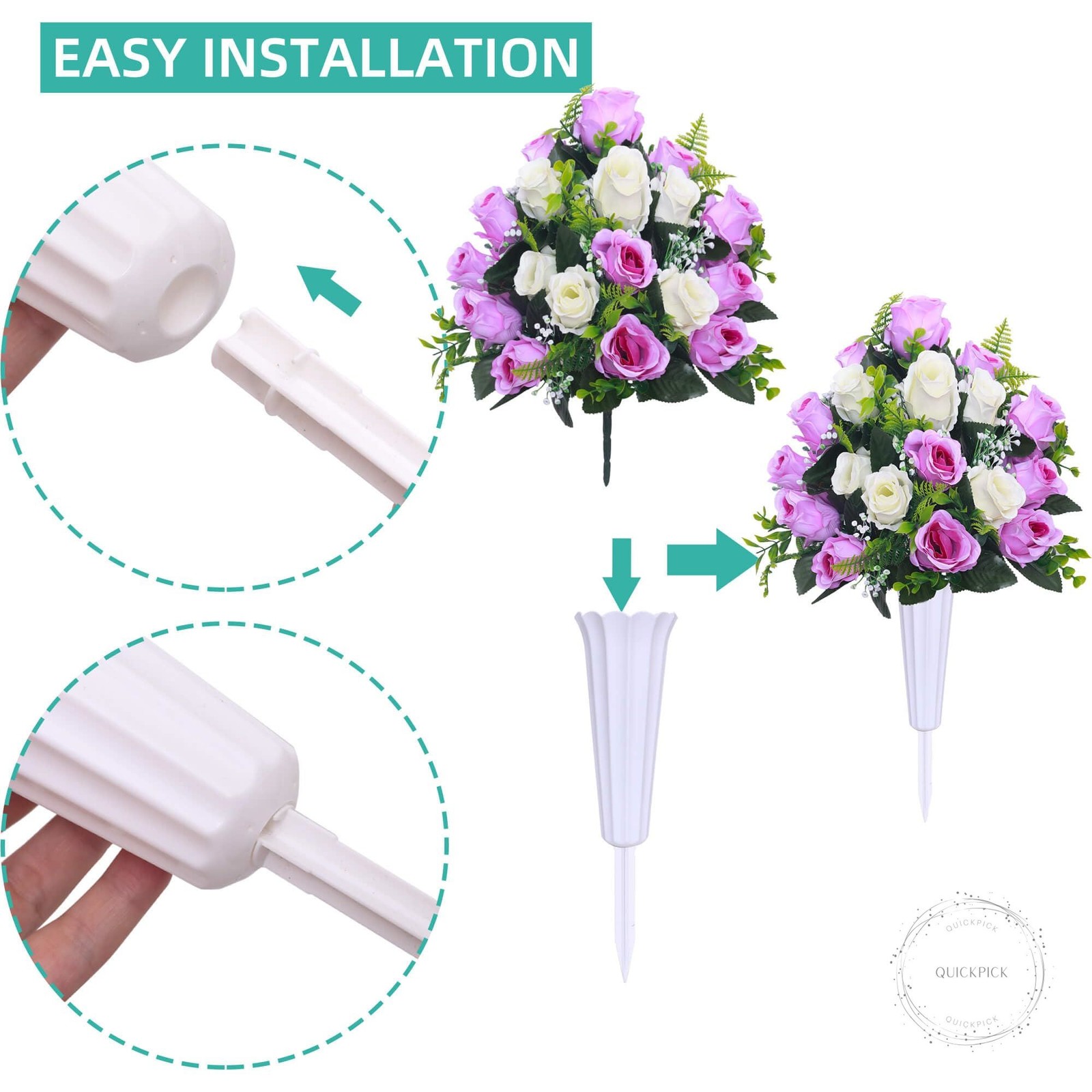 Artificial Cemetery Flowers,Set of 2 Grave Decorations Roses, Tombstone Memorial