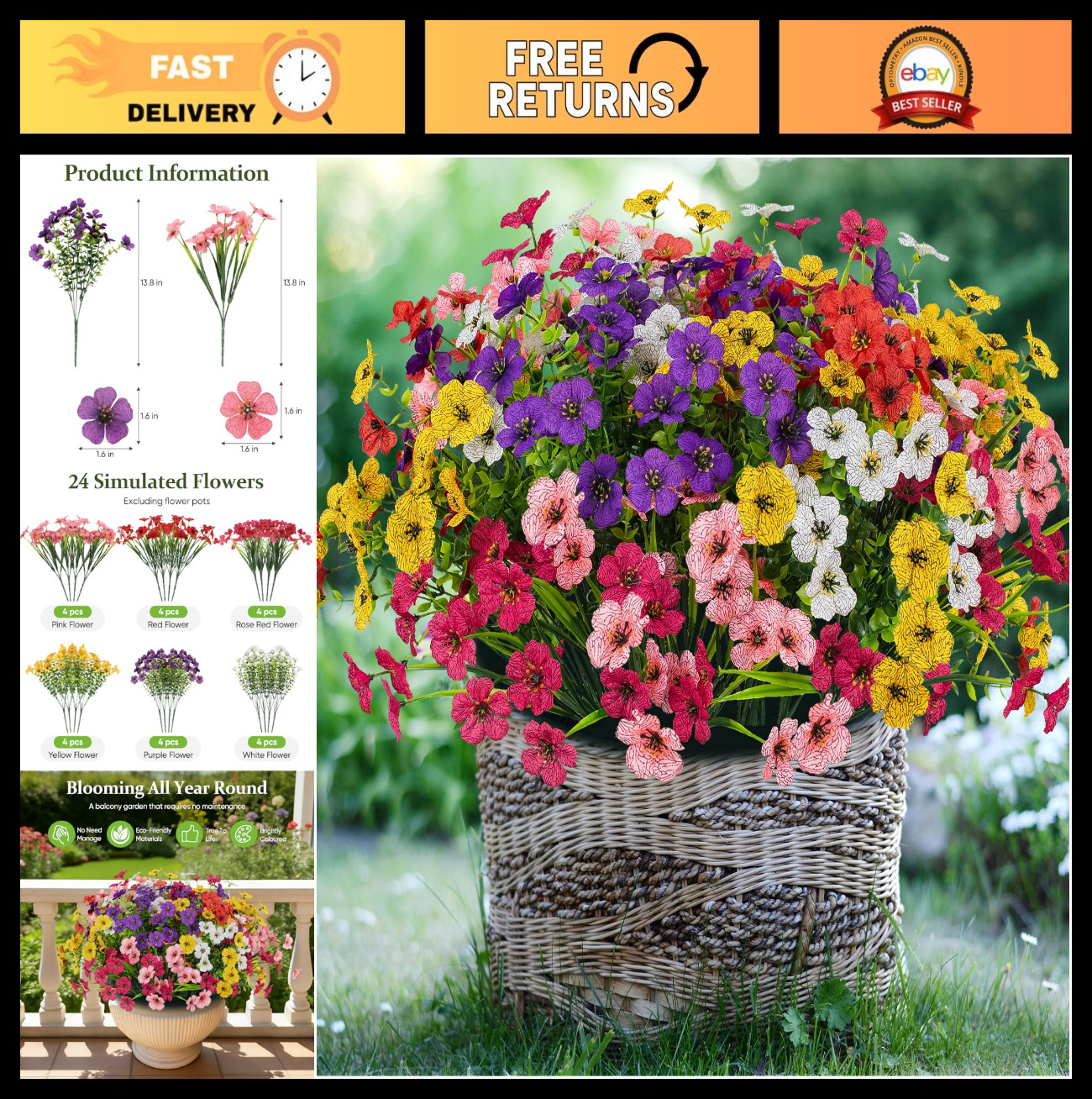 24 Bundles Lifelike UV Protected Artificial Flowers – No Fade Silk Plants for Ga
