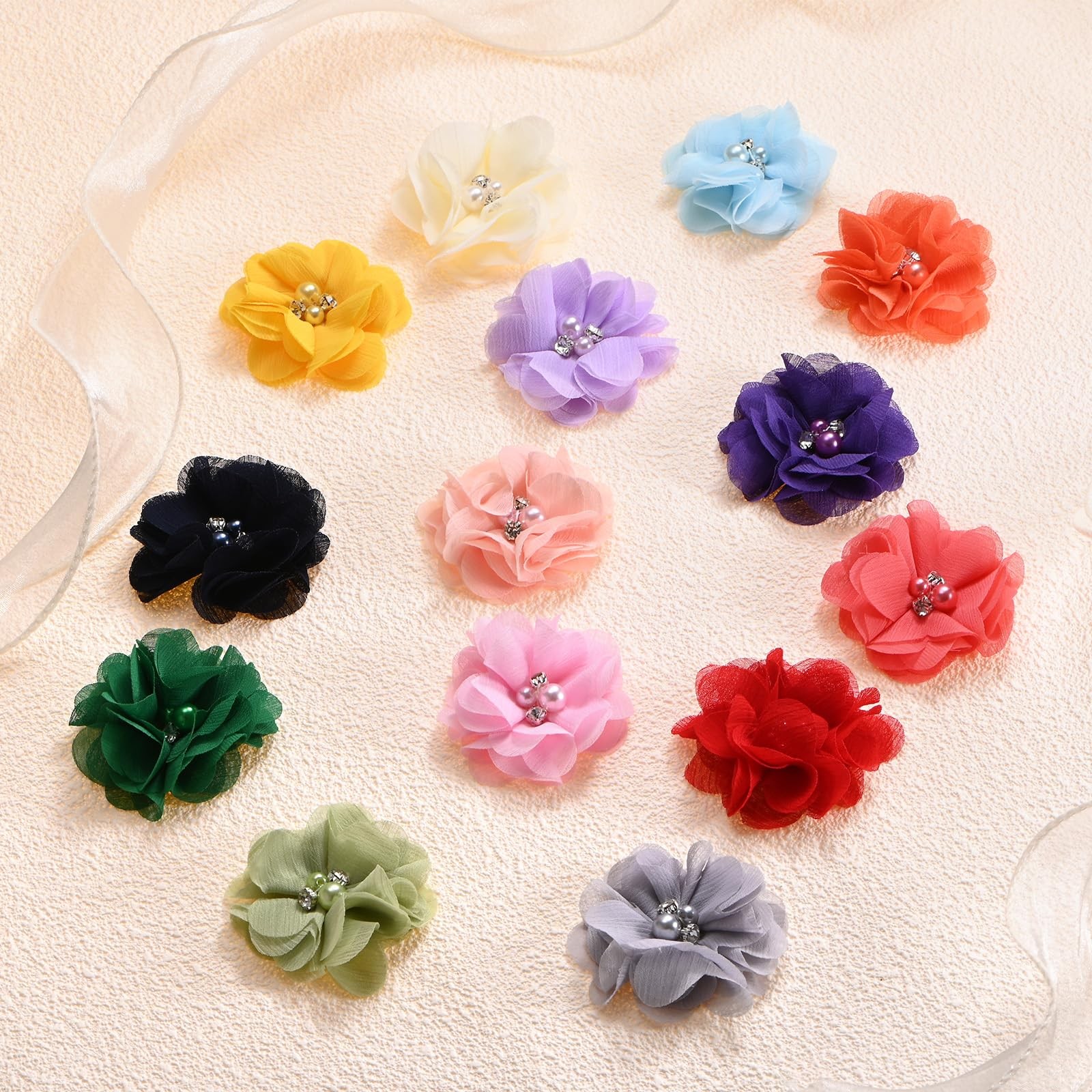 15 Pack 2.17×2.17 Inch Sky Blue Rhinestone Pearl Mesh Chiffon Flower Fabric
