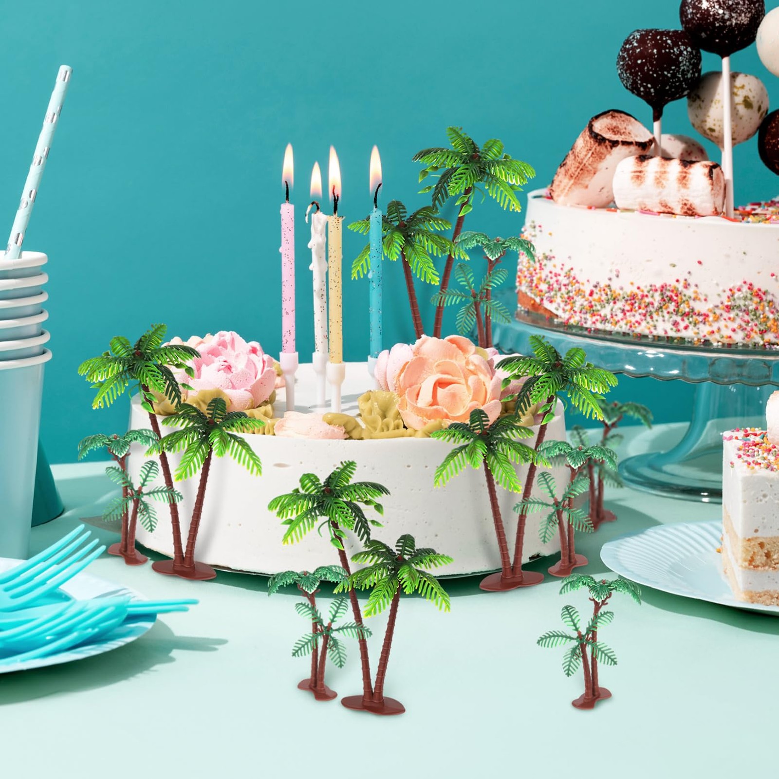 Decoración de palmeras, miniárboles tropicales de plástico para tartas