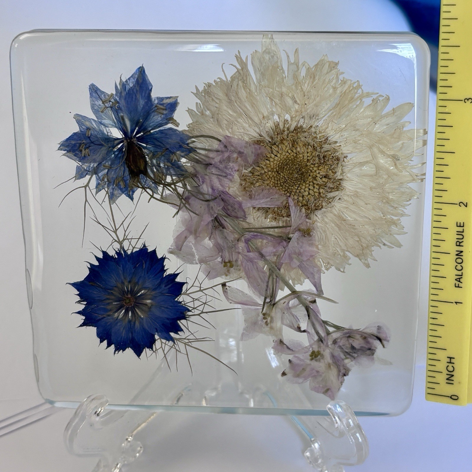 Pressed Flower Resin Block Art Blue Floral Desk Display Decor 3.5 X 3.5 Boho