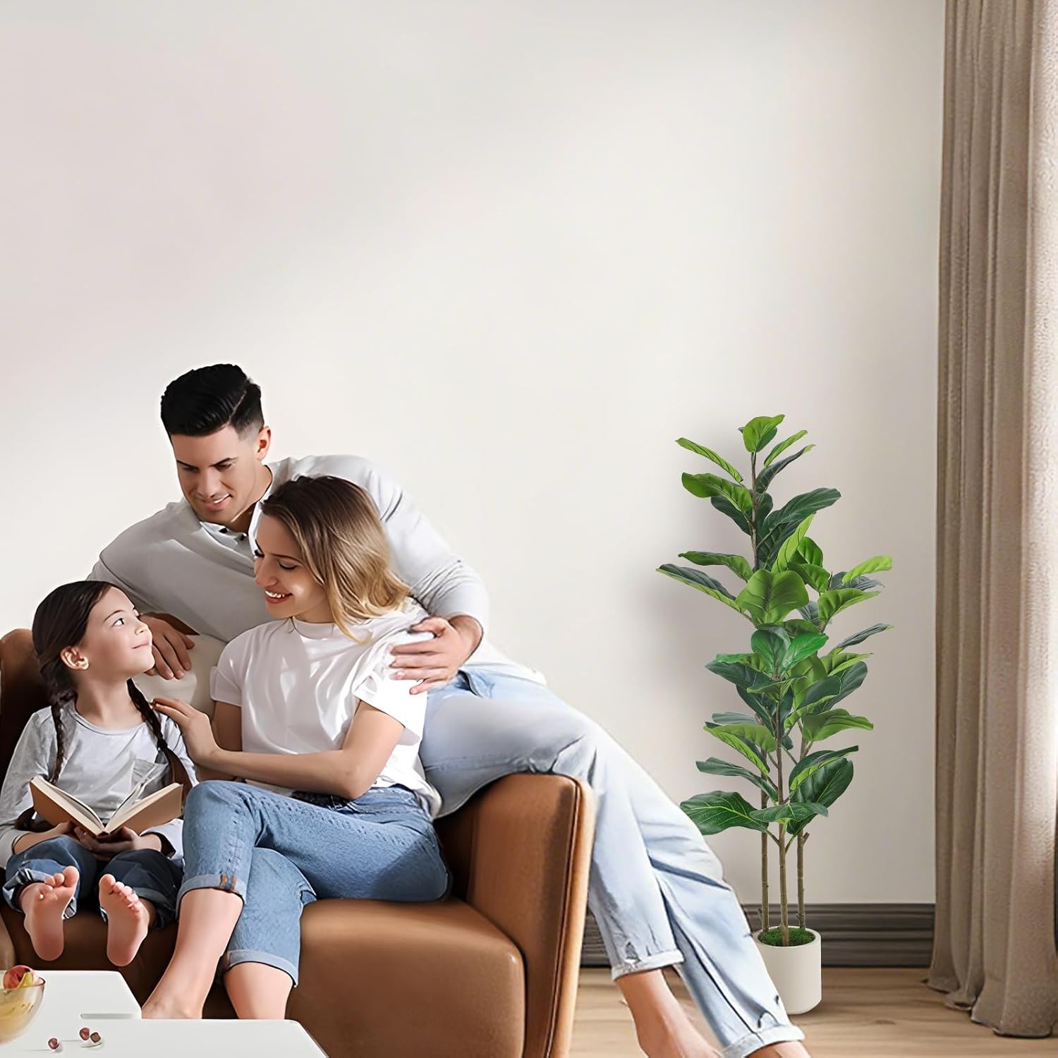 4FT Artificial Fiddle Leaf Fig Tree with White Planter Pot, 4 feet Tall Fake Tre