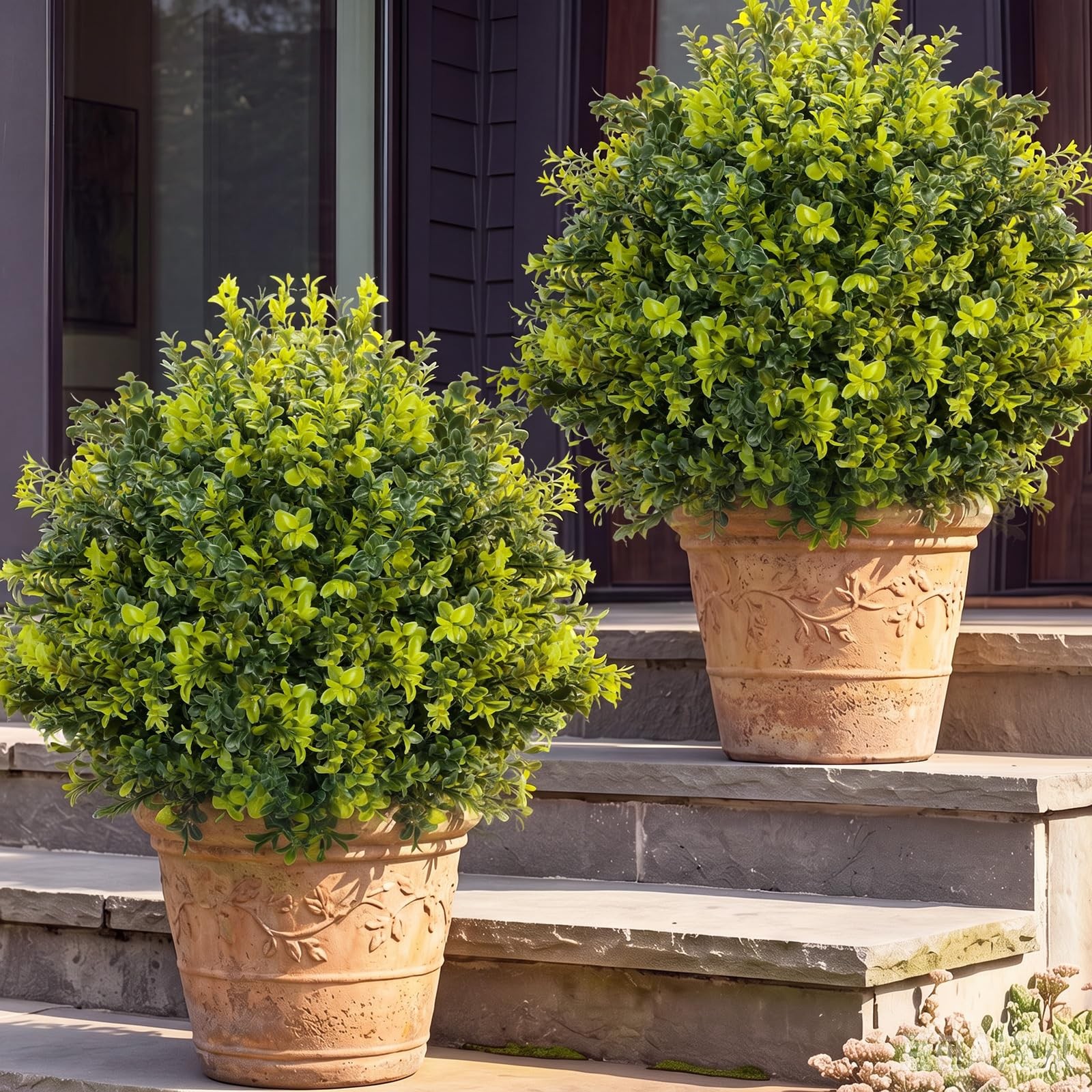2 Pack 24″ Artificial Boxwood Topiary Ball Trees with Ground Spikes, UV Resis…