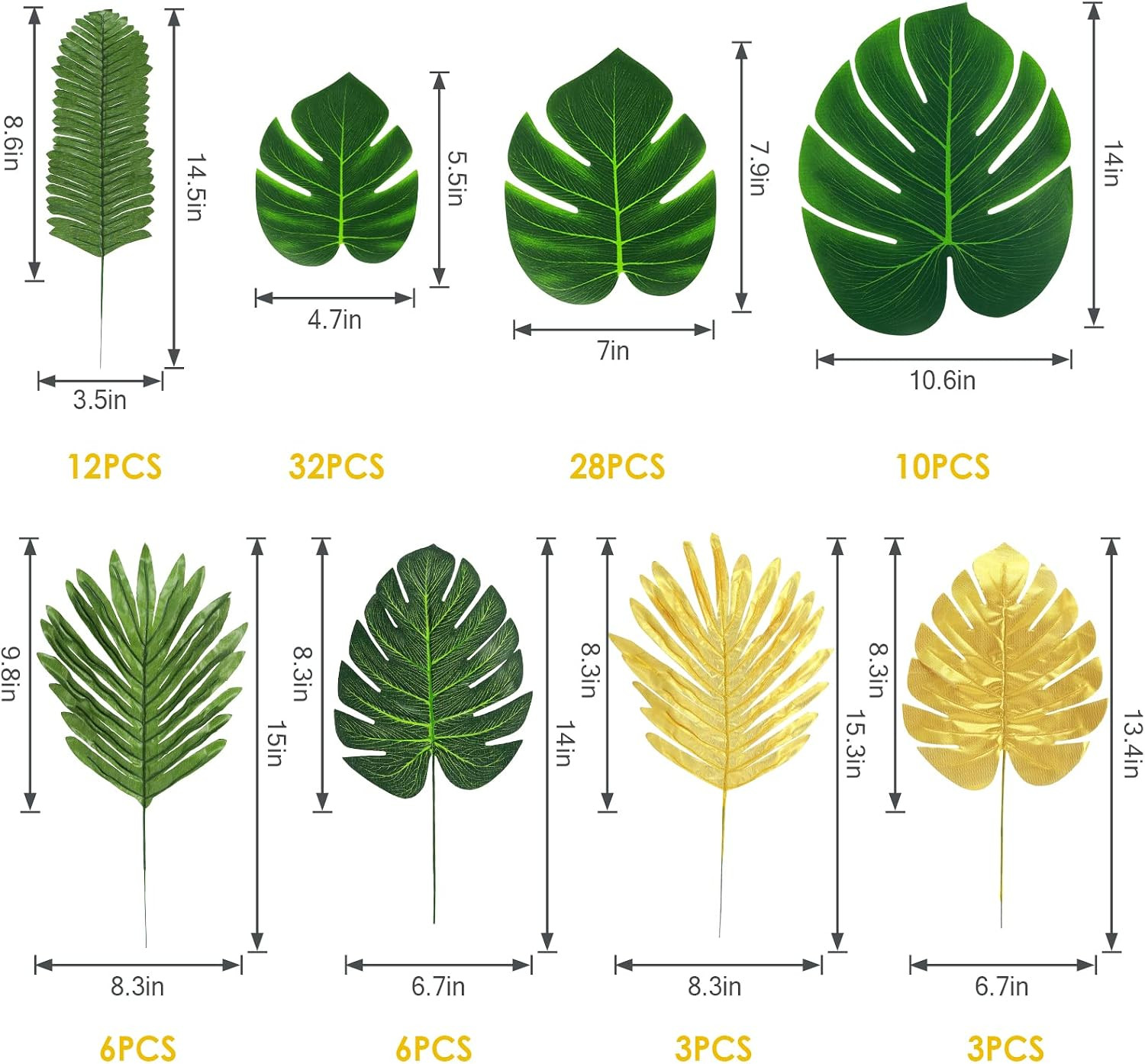 100 Pcs 8 Kinds Artificial Palm Leaves Tropical Fake Leaves, Monstera Leaf Gold