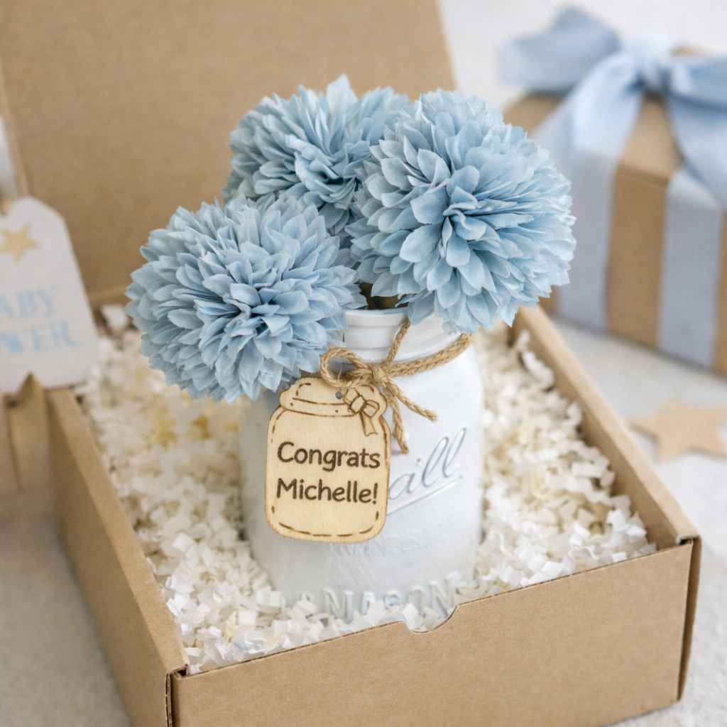 Blue Dahlia Flower Mason Jar Arrangement Baby Shower Centerpiece Nursery Decor