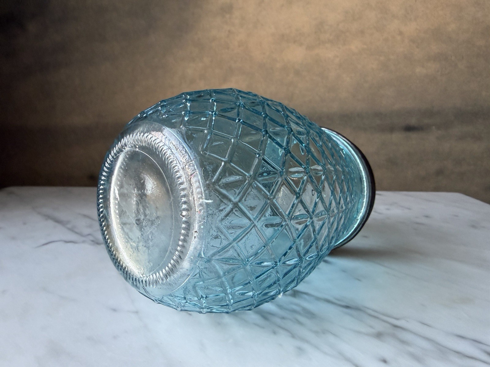 Vintage Style Blue Glass Flower Jar with Galvanized Floral Grid Lid, 5.4″