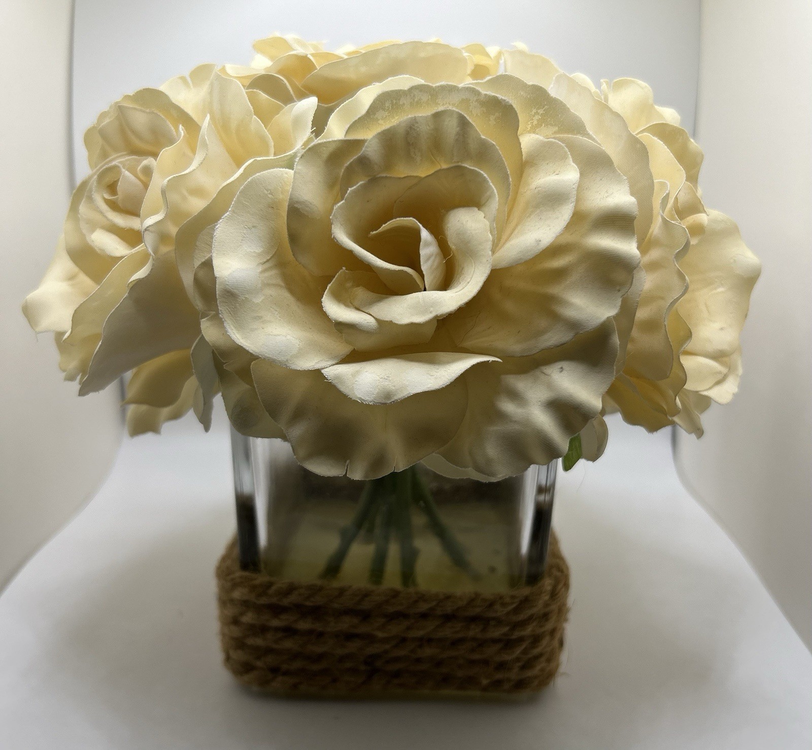 Rose Stems Floral Silk Roses In Glass Cube Rope Wrap Bottom