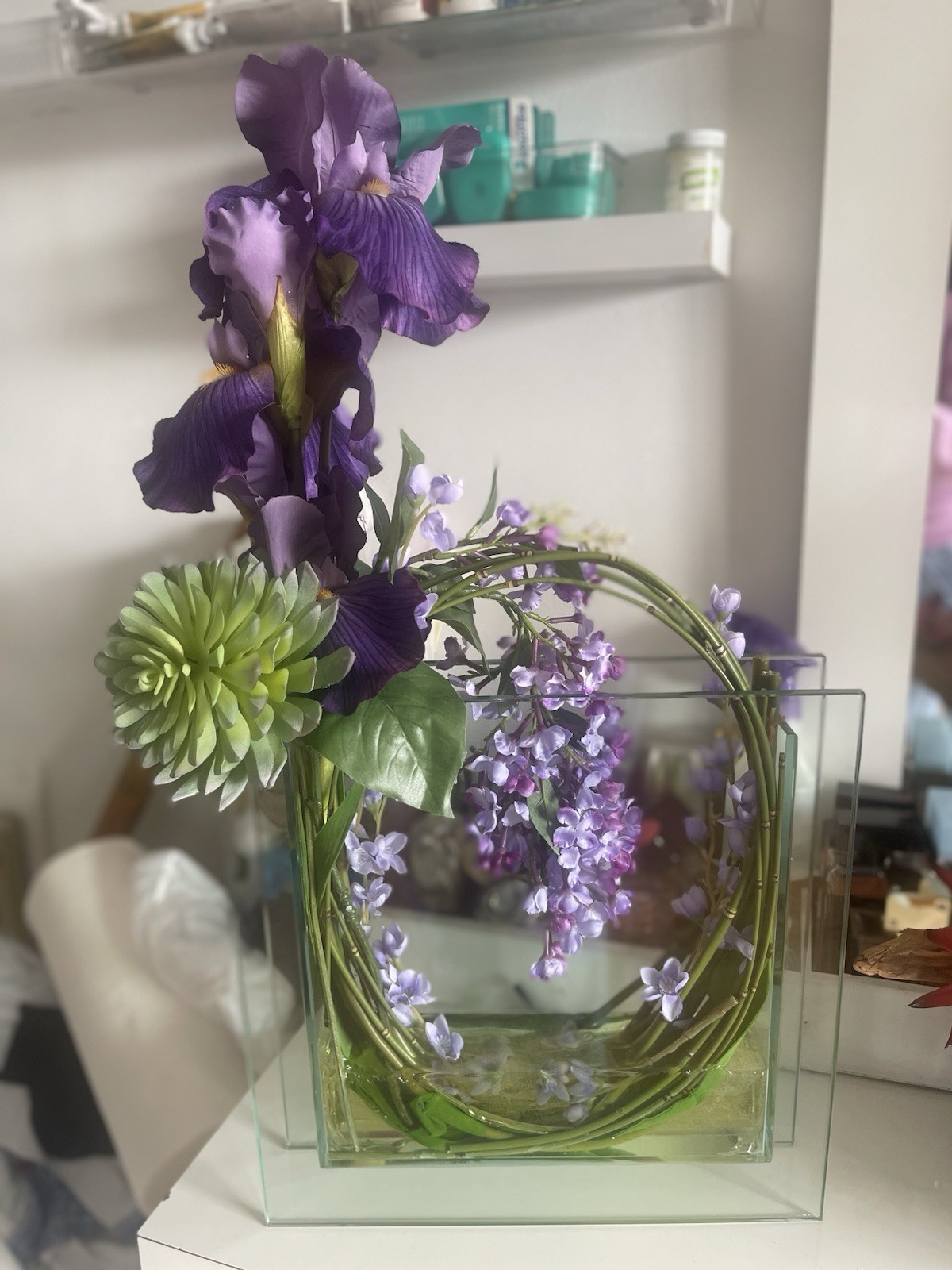 Artificial Iris, Dahlia & Wisteria Arrangement in Clear Glass Vase, Purple Green