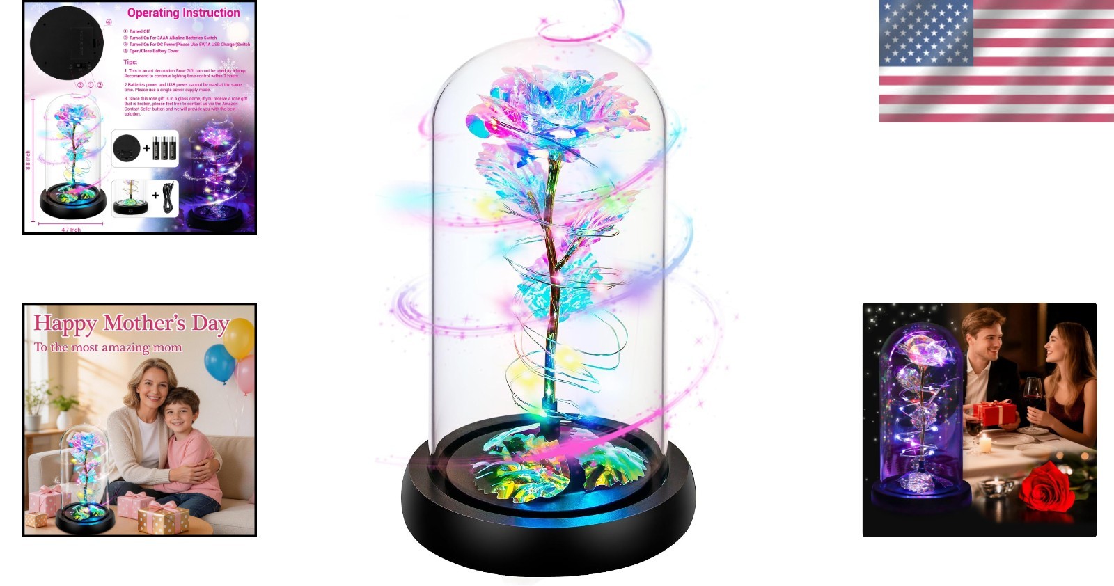 Color-Changing Rotating Rose in Glass Dome – A Unique Gift for Mom or Loved Ones
